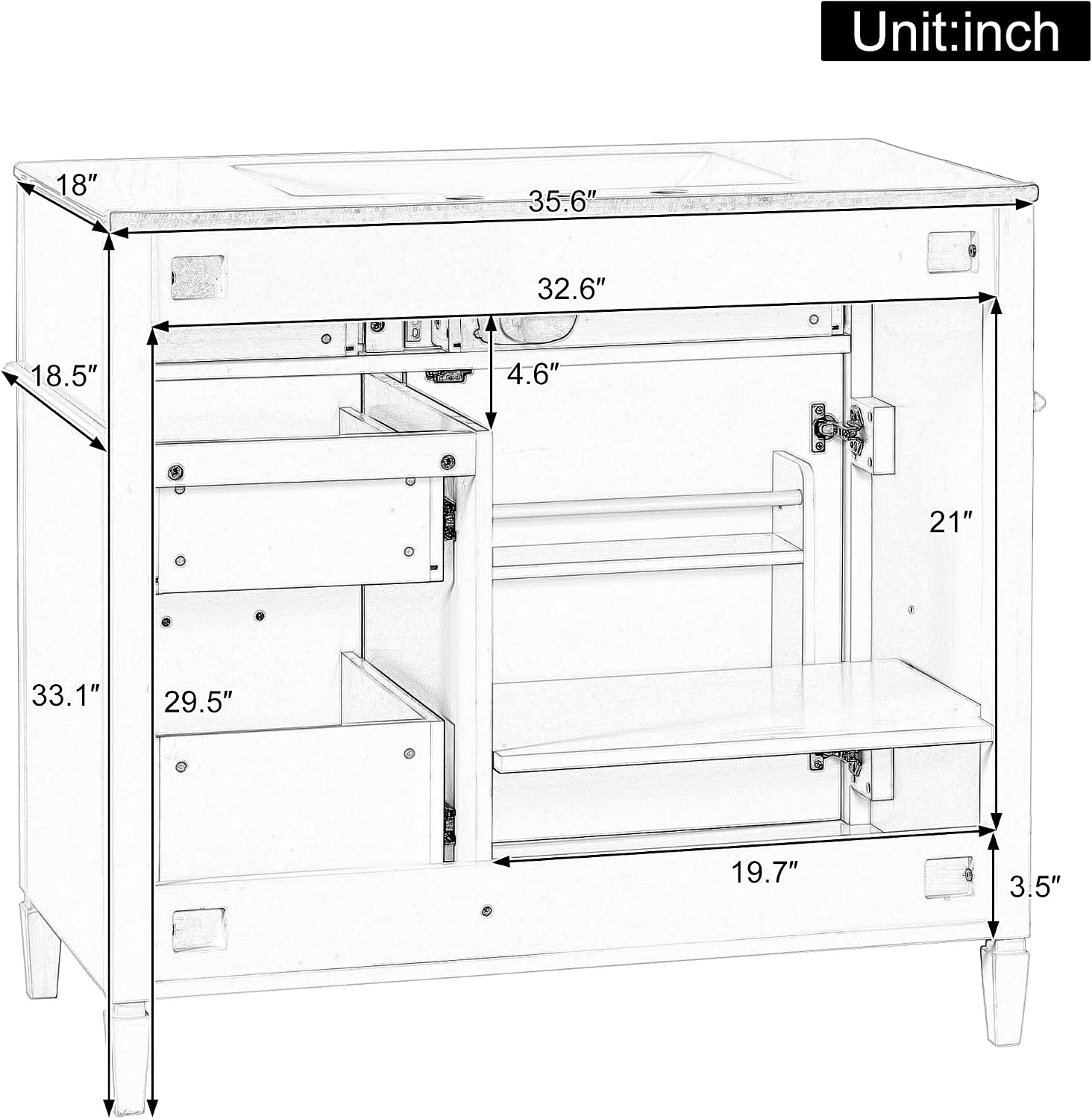 36' Bathroom Vanities with Sink Top, Bathroom Cabinet with Soft-Closing Door with Rack, 4 Drawers(with Tip-Out Drawers), Adjustable Shelf, Solid Wood Frame, White