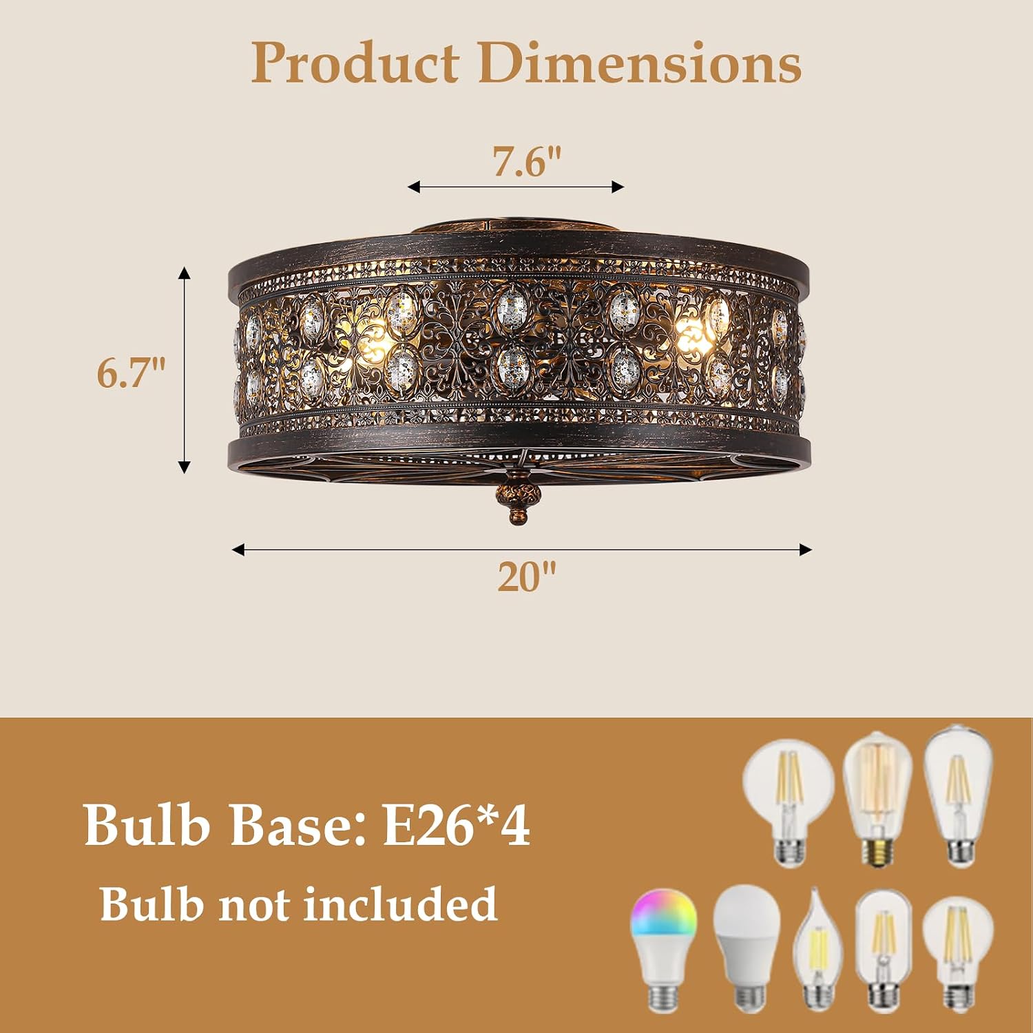 20' Vintage Fandelier Ceiling Fan with Light, Low Profile Caged Ceiling Fan in Distressed Black and Bronze, Farmhouse Chandelier Fan with Oval Crystals for Bedroom, Kitchen, Living Room,Small Room