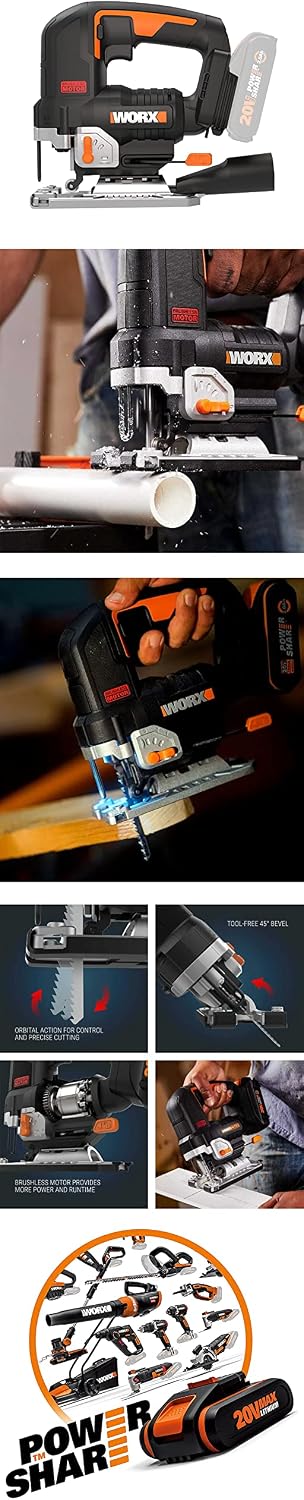 WORX Nitro WX542.9 Cordless Pendulum Stroke Jigsaw 20 V - Brushless Motor - Professional Jigsaw with Suction Adapter - Also Ideal for Mitre Cuts - PowerShare Compatible - Without Battery and Charger