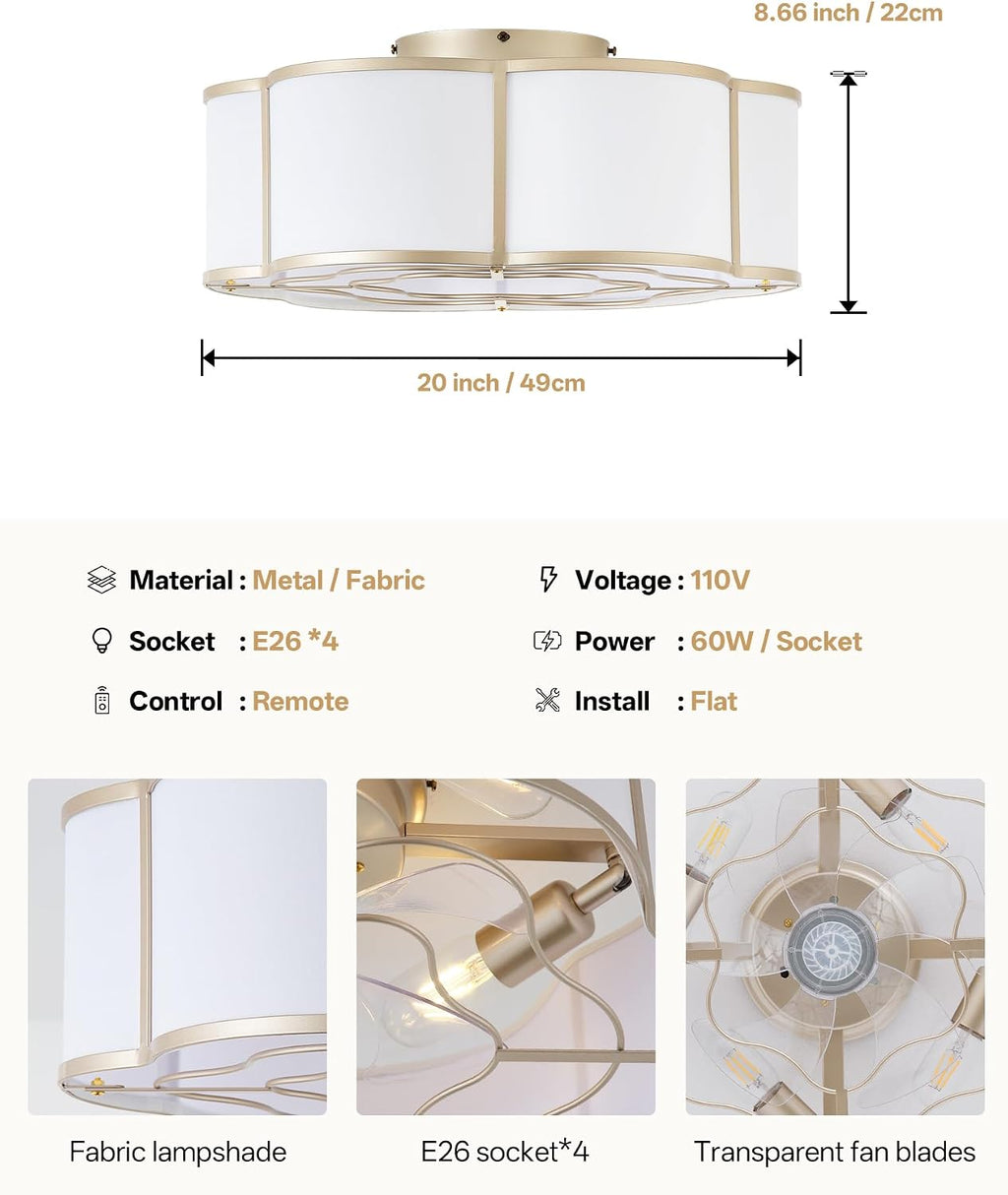 20' Boho Ceiling Fan with Lights Flush Mount, Gold Enclosed Ceiling Fans with Lights Remote Control, Caged with 6 Speeds for Bedroom, Living Room, Nursery