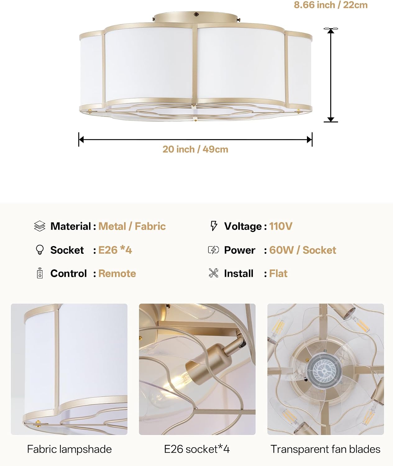 20' Boho Ceiling Fan with Lights Flush Mount, Gold Enclosed Ceiling Fans with Lights Remote Control, Caged with 6 Speeds for Bedroom, Living Room, Nursery