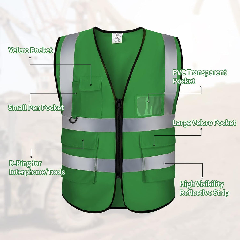 Custom Logo Safety Vest High Visibility Reflective Vest Class 2 Standard with Pockets and Zipper