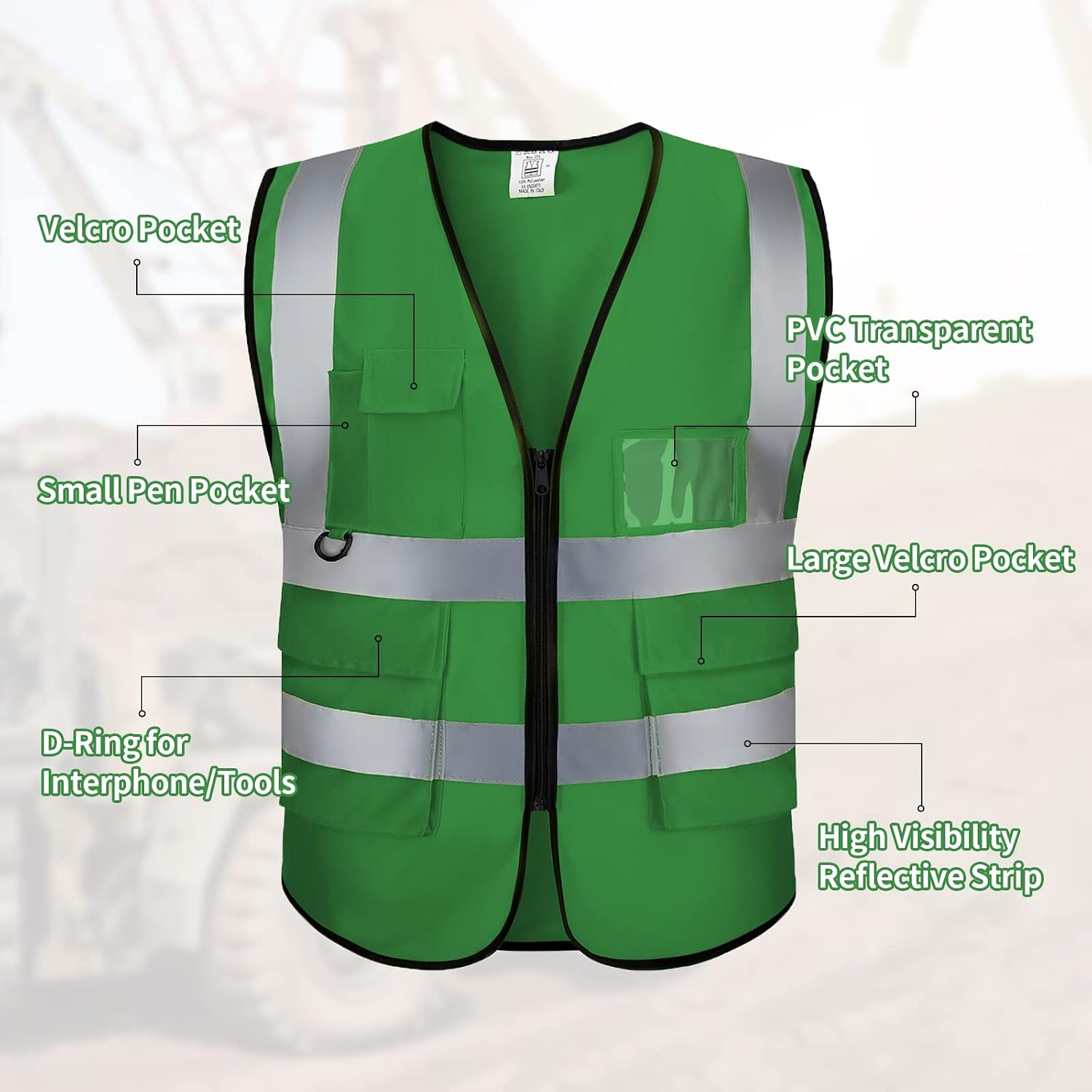 Custom Logo Safety Vest High Visibility Reflective Vest Class 2 Standard with Pockets and Zipper