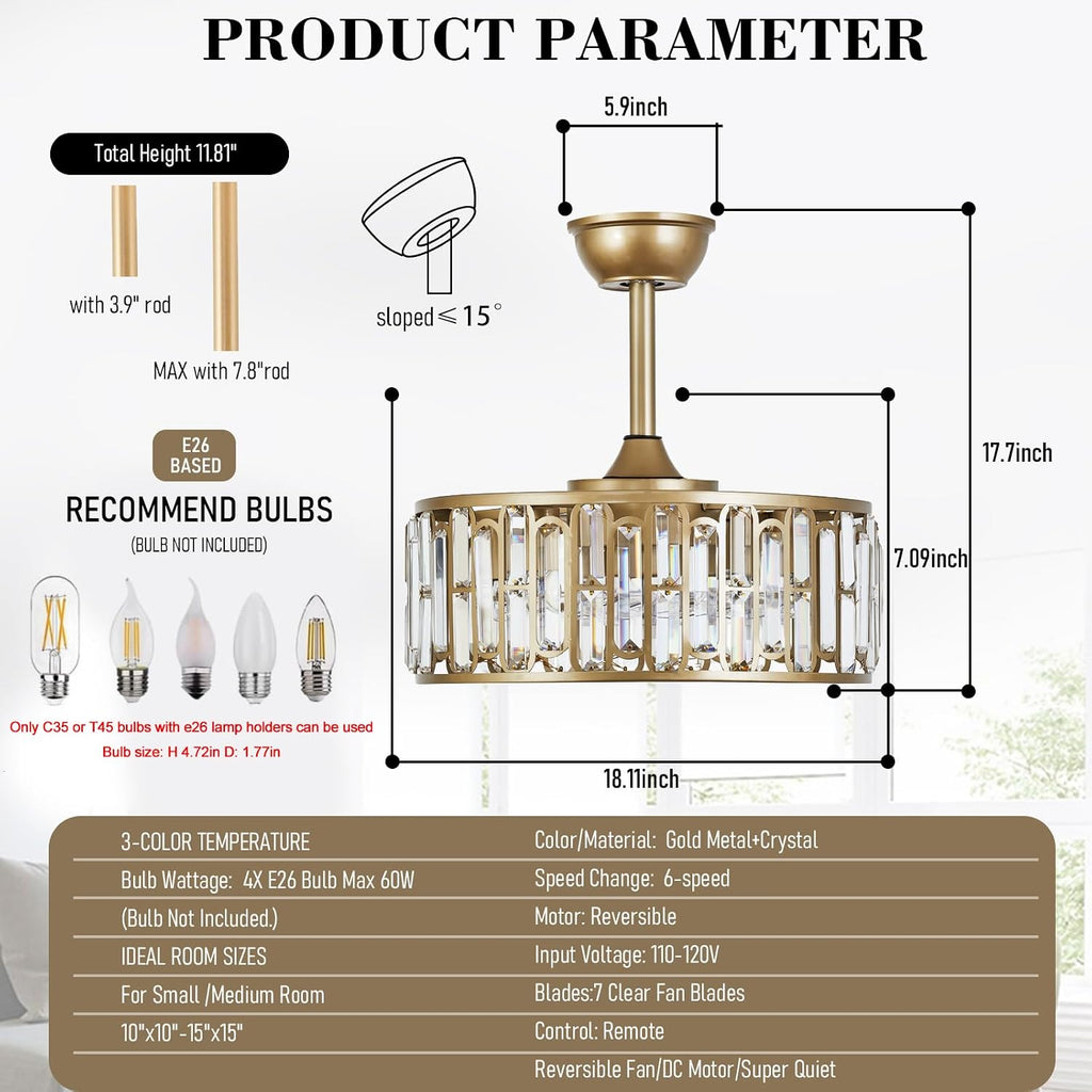 18.2' Gold Caged Ceiling Fans with Lights Remote Crystal Fandelier 4-Lights Flush Mount Fan Light Modern Enclosed Chandelier Fan with 6 Speeds for Bedroom Living Room Kitchen Dining Room Hallway