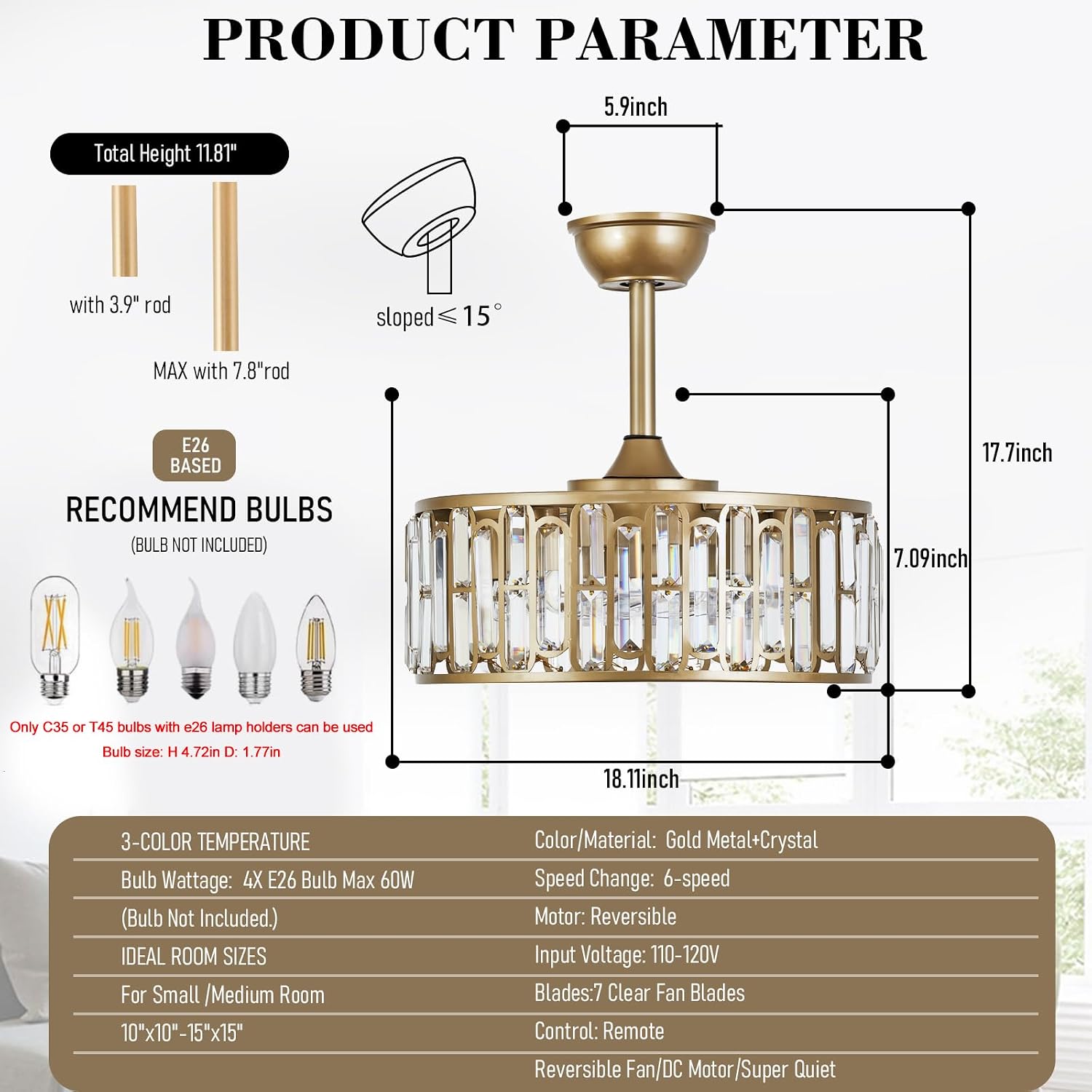 18.2' Gold Caged Ceiling Fans with Lights Remote Crystal Fandelier 4-Lights Flush Mount Fan Light Modern Enclosed Chandelier Fan with 6 Speeds for Bedroom Living Room Kitchen Dining Room Hallway