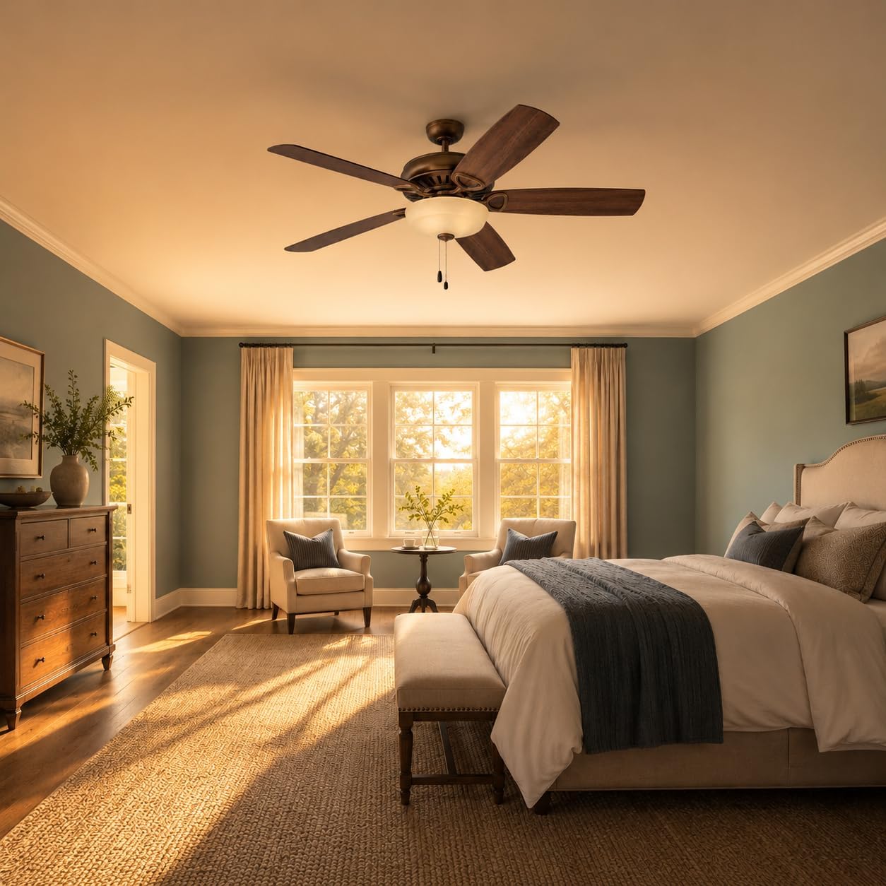 Hinkley Gladiator Illuminated 60' Ceiling Fan with DC Motor, Antique Copper | Reversible Walnut/Birch Blades, (3) 4W LED Bulbs, 4-Speed Pull Chain with Manual Reverse, Includes 4.5' Downrod, Large Rooms