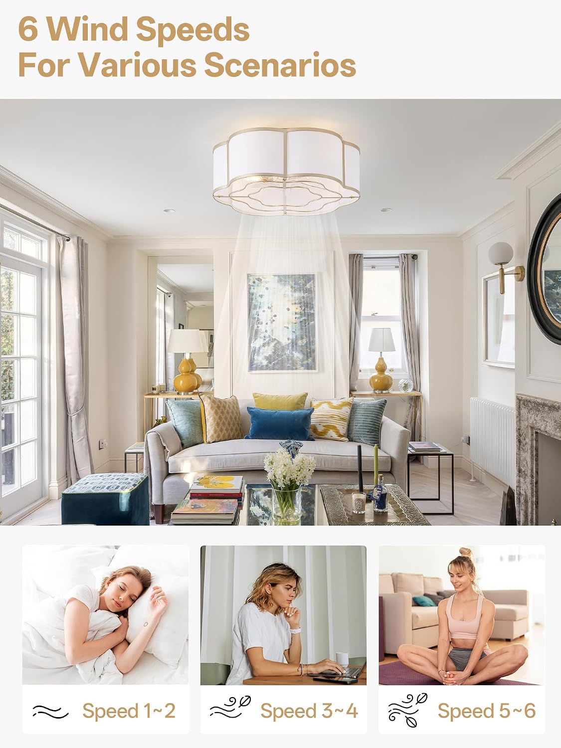 20' Boho Ceiling Fan with Lights Flush Mount, Gold Enclosed Ceiling Fans with Lights Remote Control, Caged with 6 Speeds for Bedroom, Living Room, Nursery