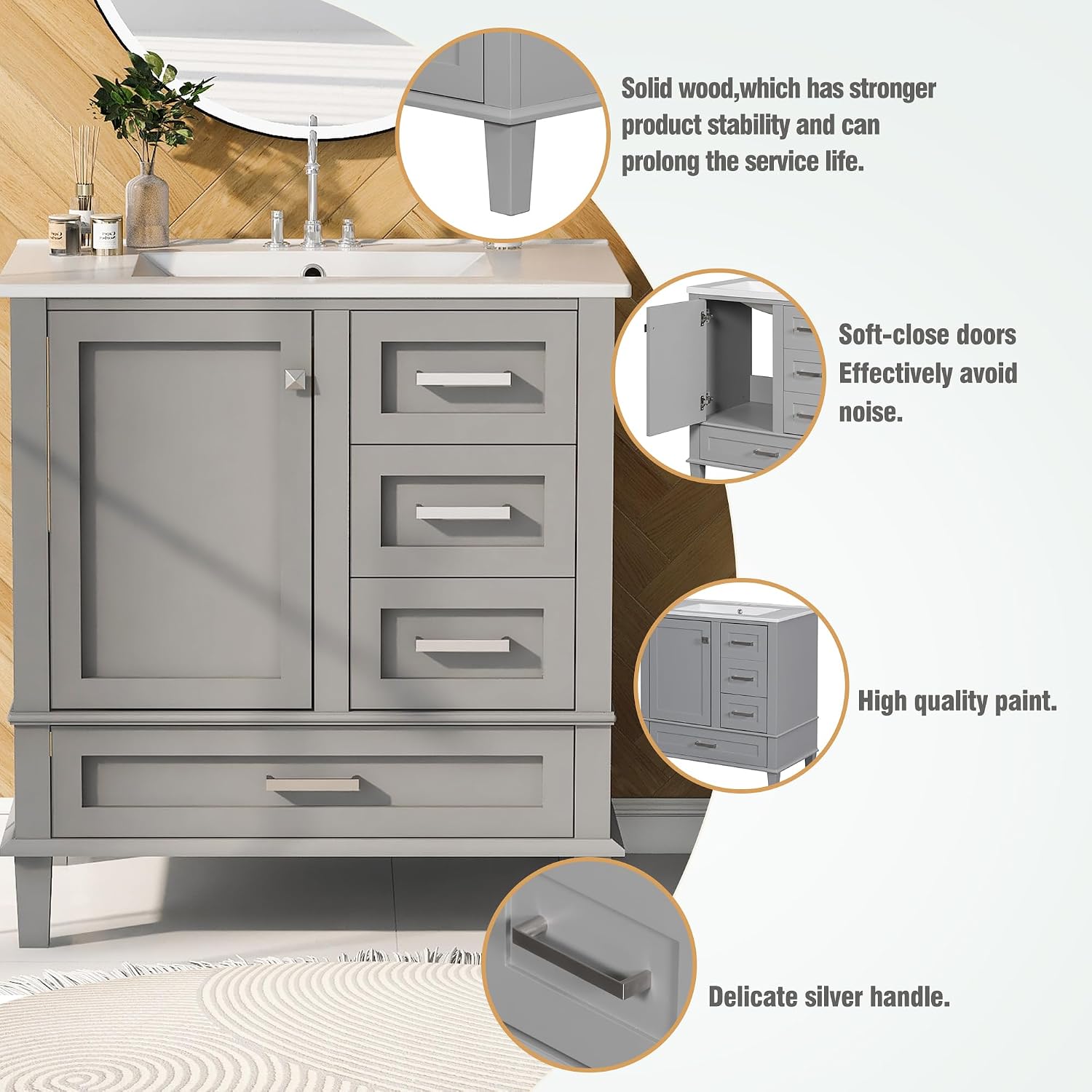 Mirightone 30' Bathroom Vanity with Sink, 30 Inch Bathroom Vanity with Top, 3 Drawers and 1 Soft Closing Door, Modern Bathroom Vanity with Sink 30 Inch for Bathroom (Grey)