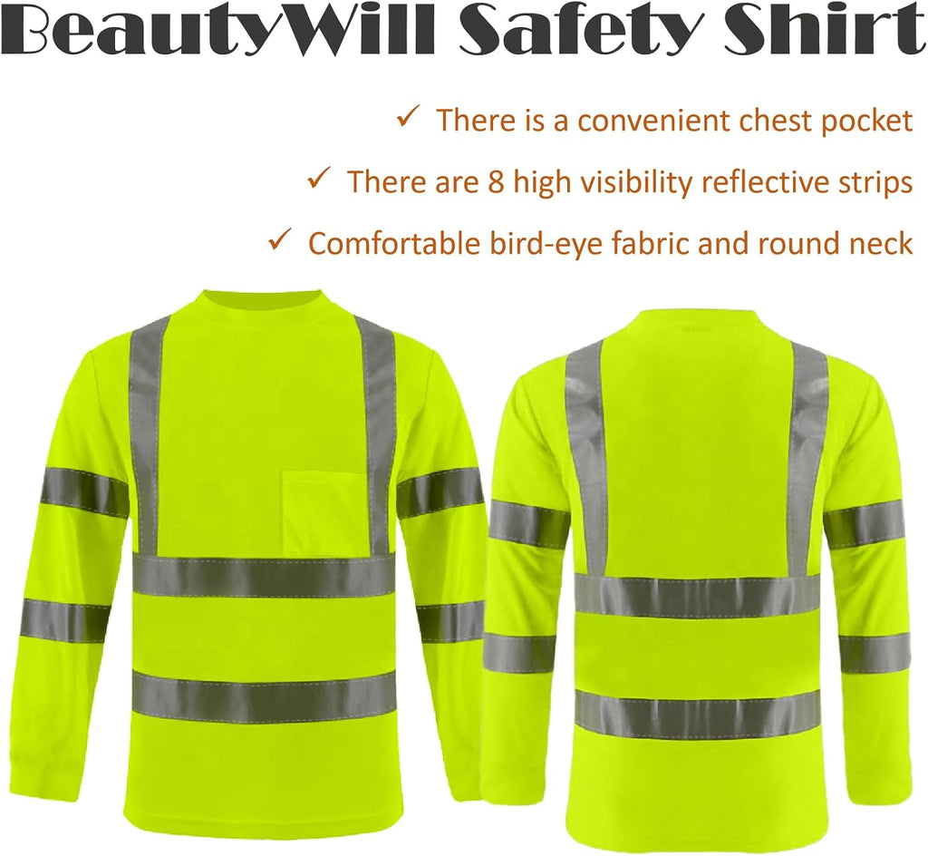 BeautyWill High Visibility Shirts Long Sleeve Class 2 Reflective Shirts ANSI with Pocket Safety Shirts for Men and Women