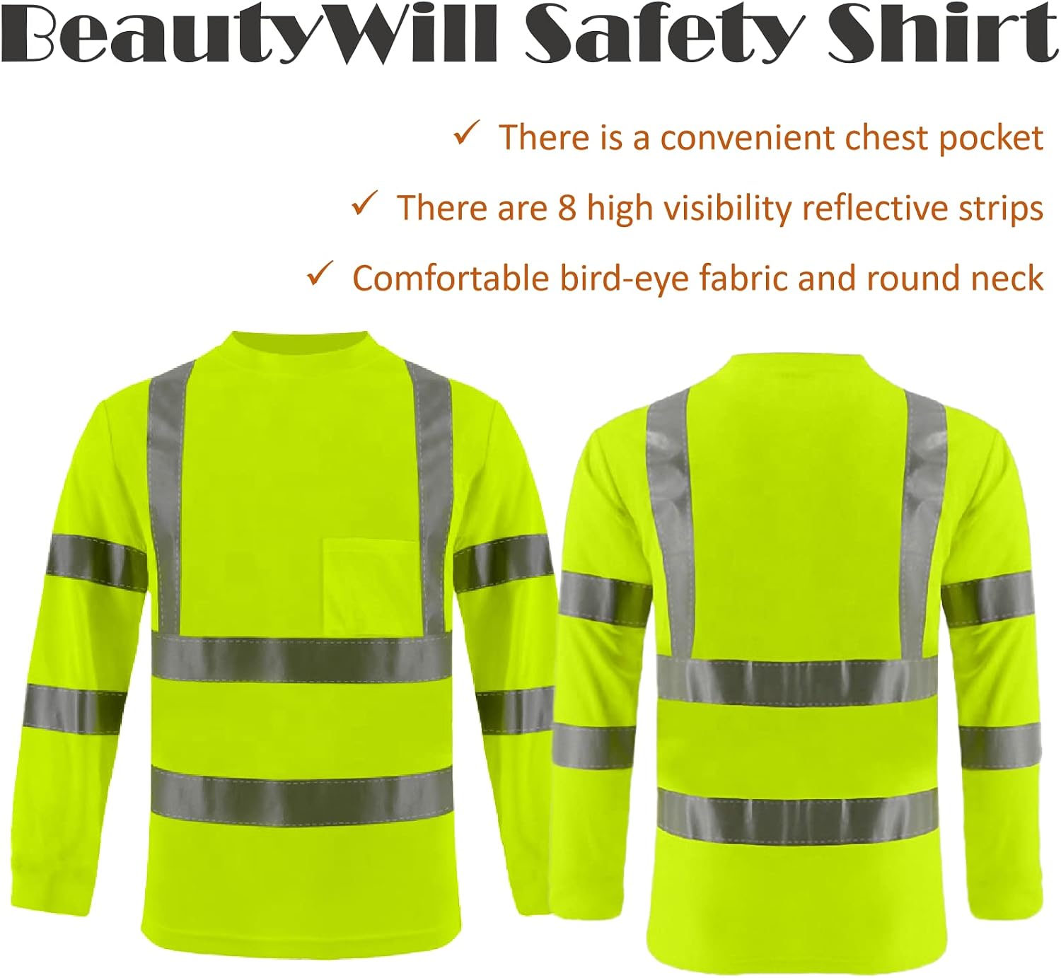 BeautyWill High Visibility Shirts Long Sleeve Class 2 Reflective Shirts ANSI with Pocket Safety Shirts for Men and Women