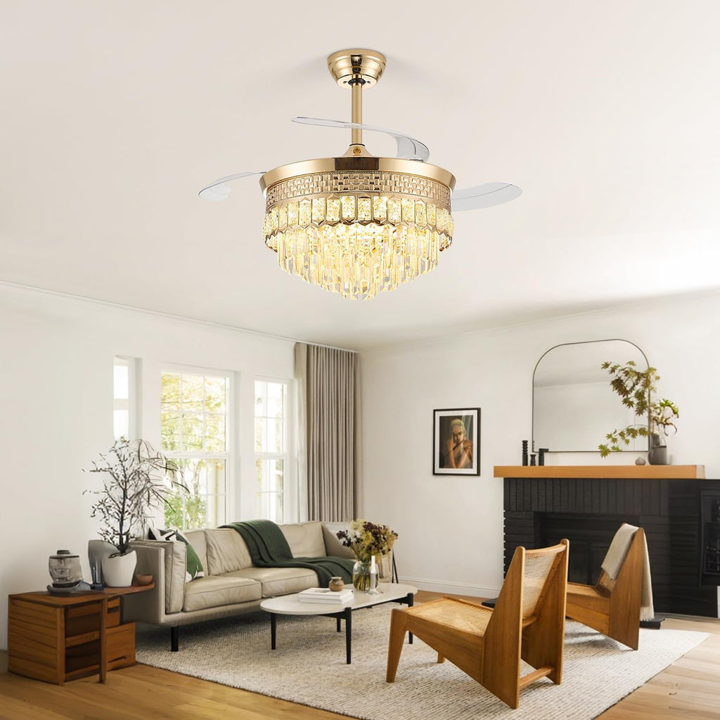 42' Chandelier Ceiling Fan with Lights,Crystal Fandelier Ceiling Fan with Retractable Blades,Chandelier Fans for Bedroom Living Room,6 Speeds,3 Color Temperatures,Remote & APP Control-Gold