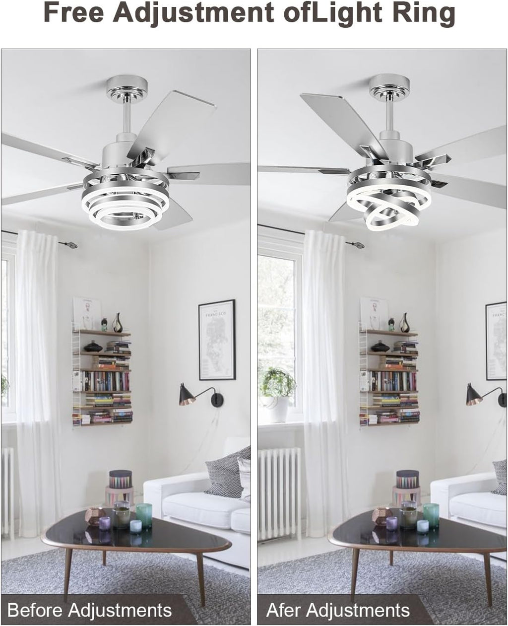 Bella Depot 52' Modern Ceiling Fan with Light, Metal Chandelier Fan with Remote, Rustic Indoor Fandelier with DC Motor for Dining Living Room Bedroom(Chrome)