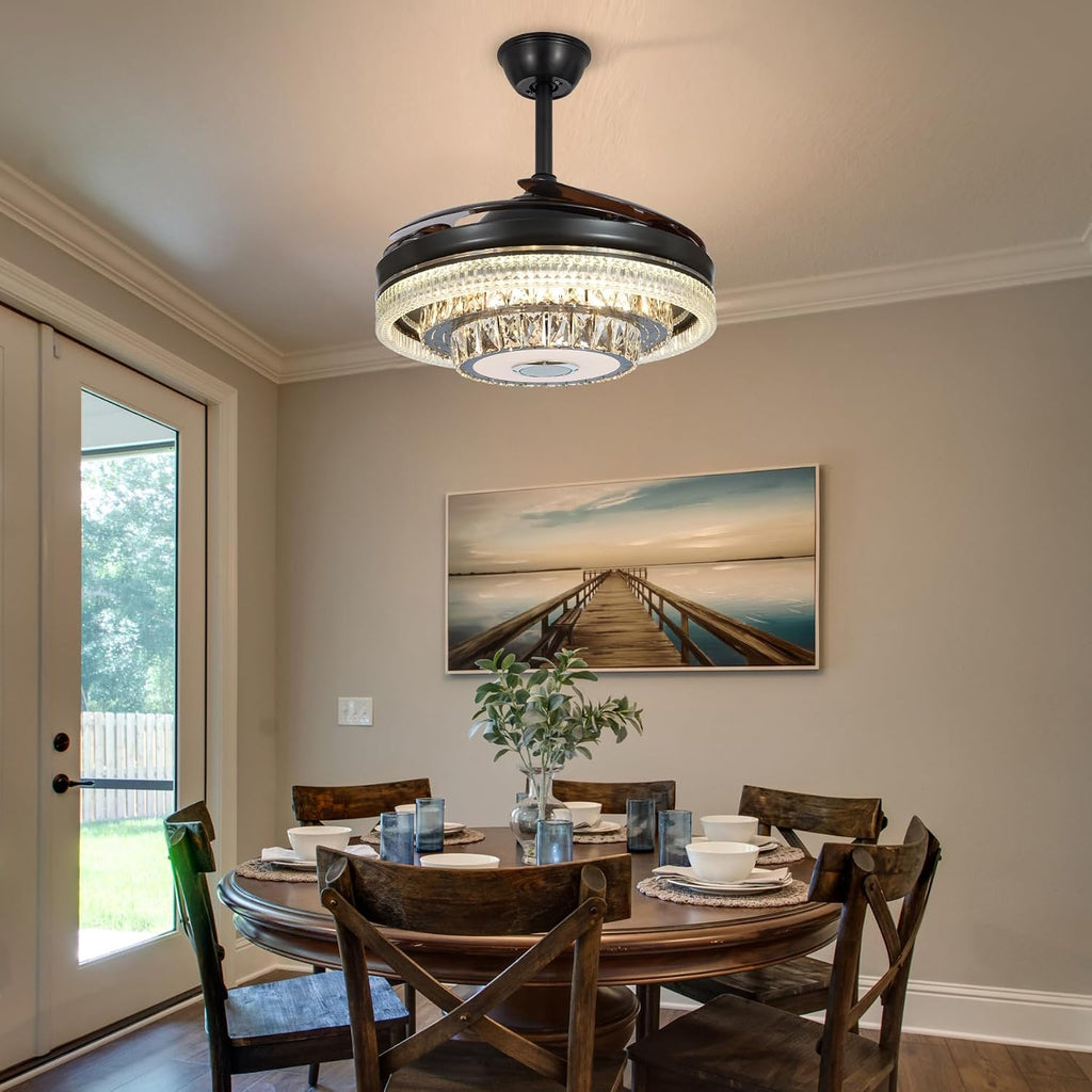 42' Bluetooth Crystal Fandelier Ceiling Fan with Light Music Speaker Dimmable RGB LED, Modern Black Reversible Chandelier Ceiling Fan Remote Control Retractable Blades for Living Room