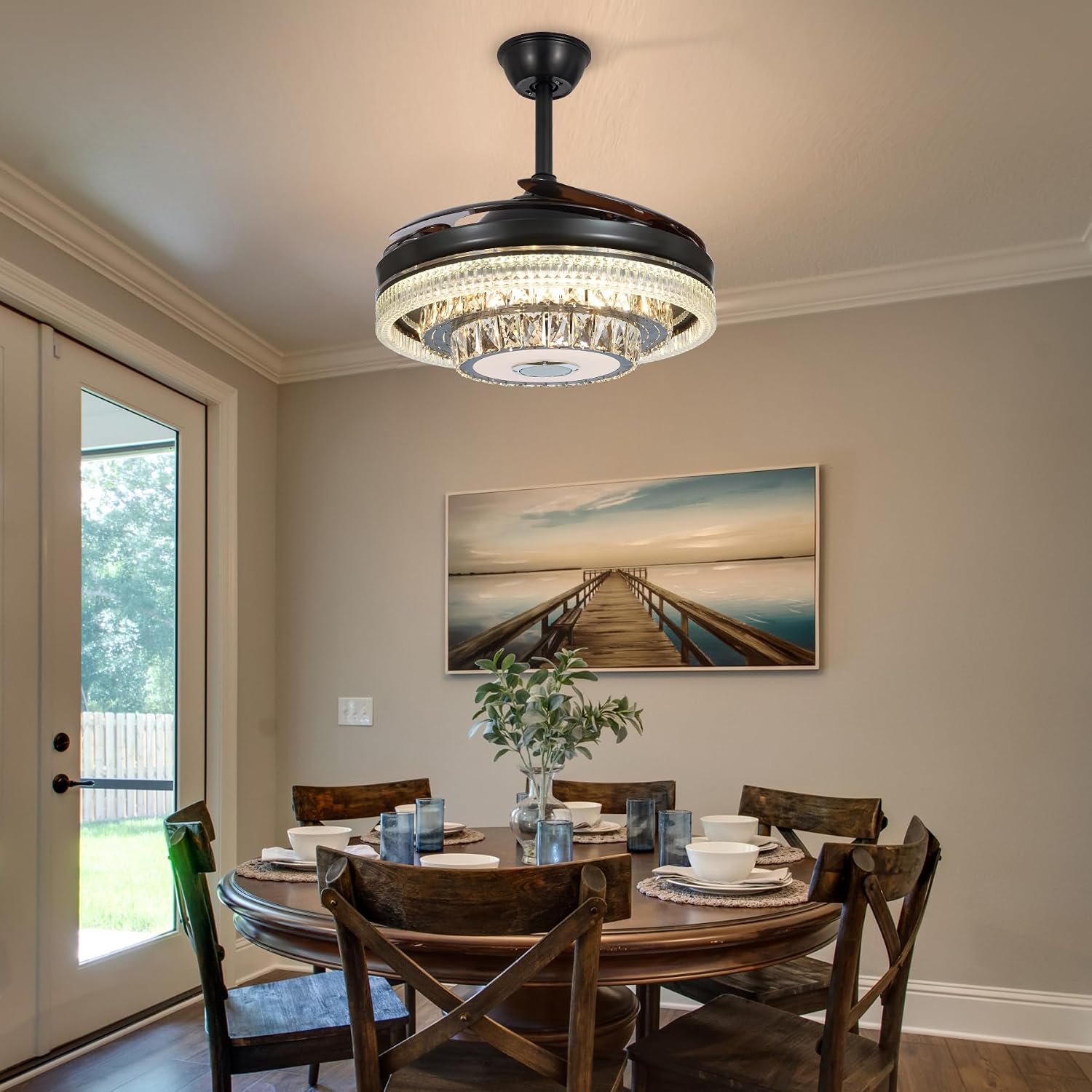 42' Bluetooth Crystal Fandelier Ceiling Fan with Light Music Speaker Dimmable RGB LED, Modern Black Reversible Chandelier Ceiling Fan Remote Control Retractable Blades for Living Room