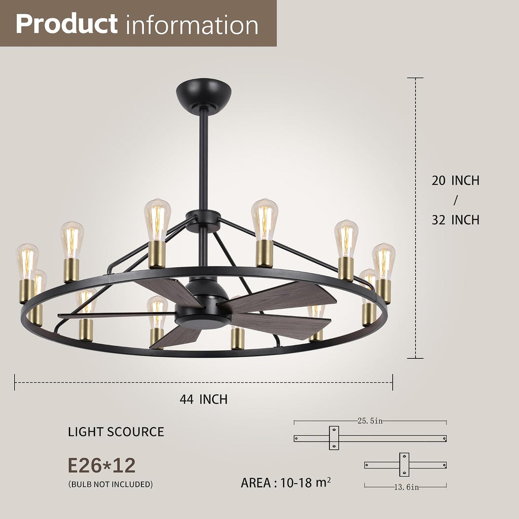 44'' Ceiling Fan with Light, Black Gold Wagon Wheel Chandelier, Large Farmhouse Fandelier Light Fixture, Chandelier for Living Room, Dining Room, Adjustable High Ceilings