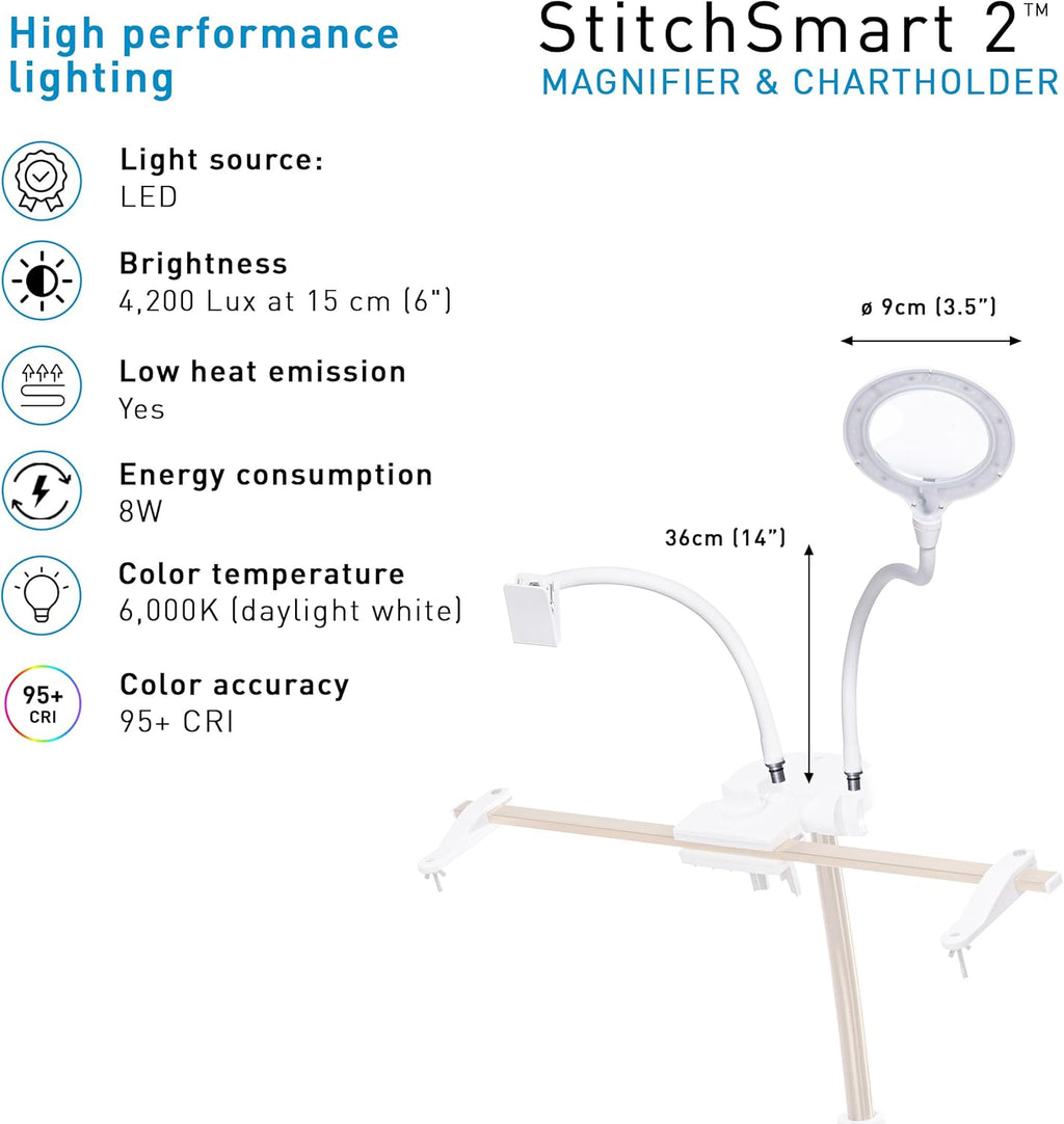 Daylight StitchSmart 2 Magnifier & Chartholder (Accessories Only)–Adjustable Embroidery Frame Support with LED Magnifier Lamp, 360° Rotation, 95+ CRI Lighting, Flexible Arms (Doesn't' Include Stand)
