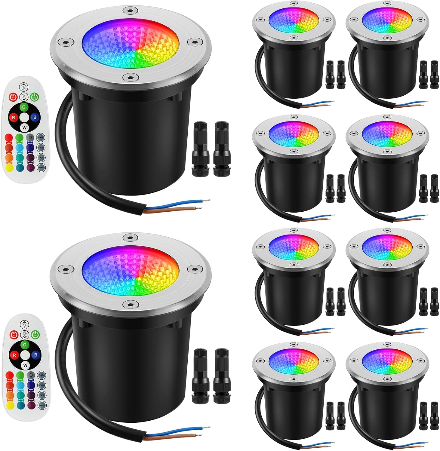 Low Voltage Landscape Lights 10W RGBW Warm White LED Well Landscape Lighting Remote Control IP67 Waterproof Outdoor 12V-24V Pathway Deck Ground Lights(10Pack with Connectors)
