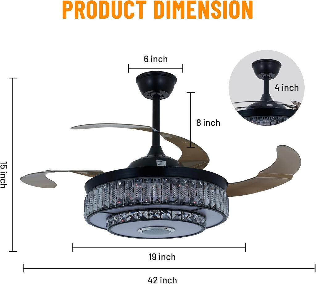 42' Bluetooth Chandelier Ceiling Fan with Light, Fandelier with Reversible Motor, Modern Retractable Ceiling Fan Light and Music Speaker RGB Color Change with Remote Control for Living Room/Bedroom