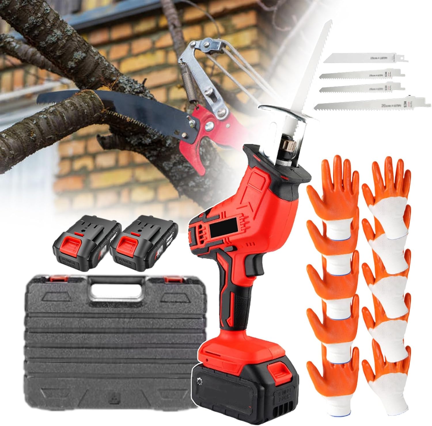 Reciprocating Saw 2000rpm Electric Butcher Saw,Professional Cutting Tool With 4 Saw Blades For Cutting Wood Bones,Outdoor Pruning Saw - 2 Batteries, Charger Included,6AH