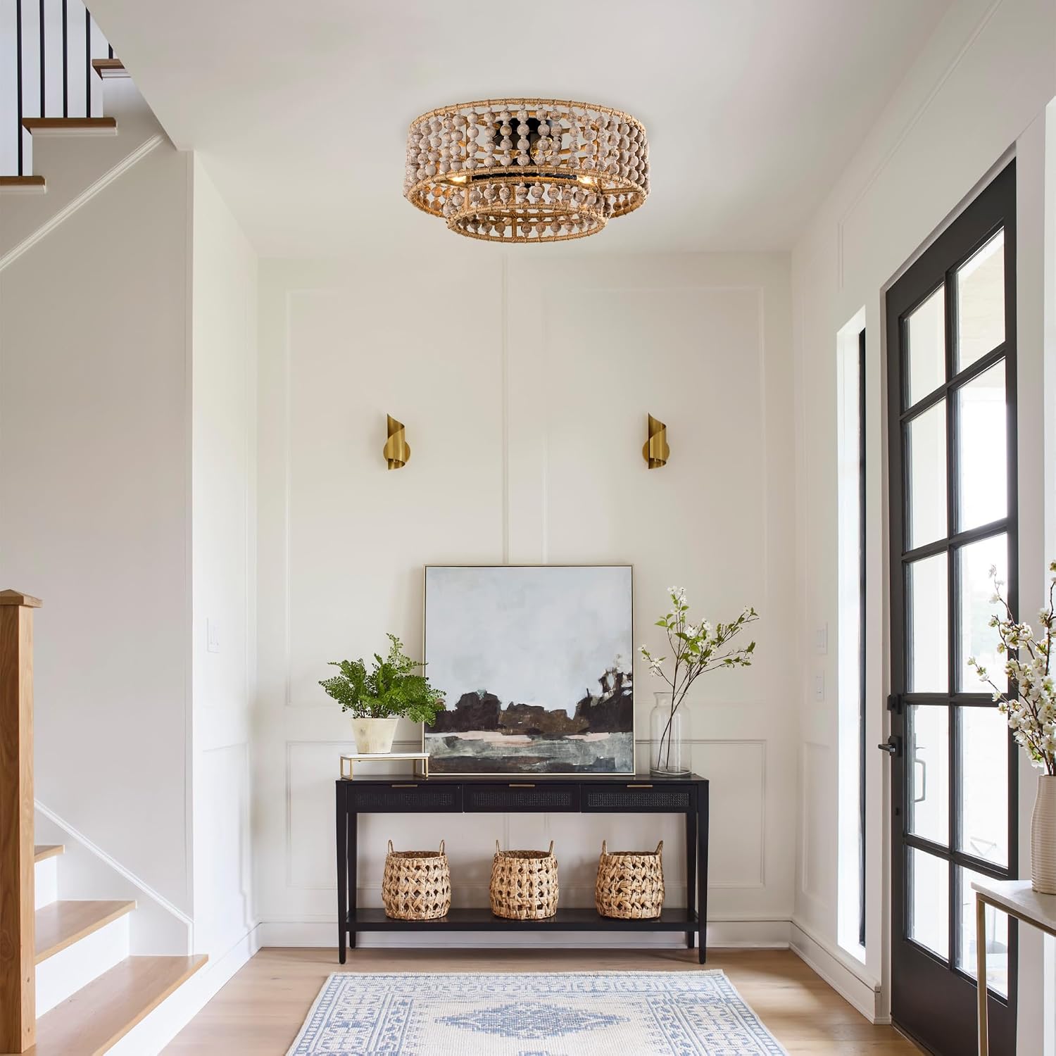 Wood Beaded Chandelier - 3 Lights Boho Flush Mount Light Fixture Farmhouse Chandeliers for Bedroom Hallway Kitchen Island Foyer Entryway Nursery Living Room