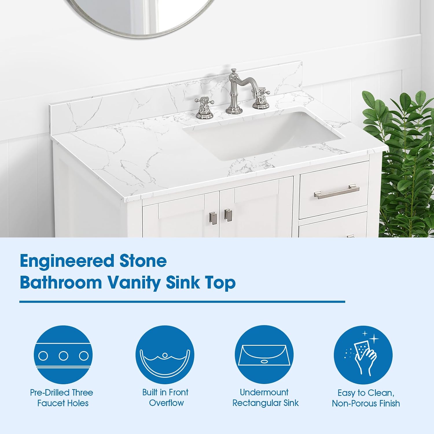 36 Inch Engineered Stone Bathroom Vanity Sink Top, with Undermount Rectangular Right Side Sink, Vanity Countertop with 8 inch Faucet Hole Spacing and Backsplash in Lightning White