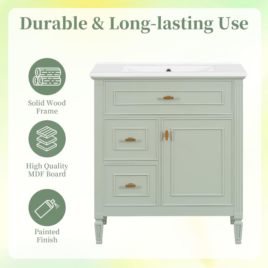 30' Bathroom Vanity with Ceramic Sink Top, Tip-Out Drawer and Two Left Side Drawers, Adjustable Shelf, Solid Wood Legs, Soft-Closing Door and Rack Shelf, Green
