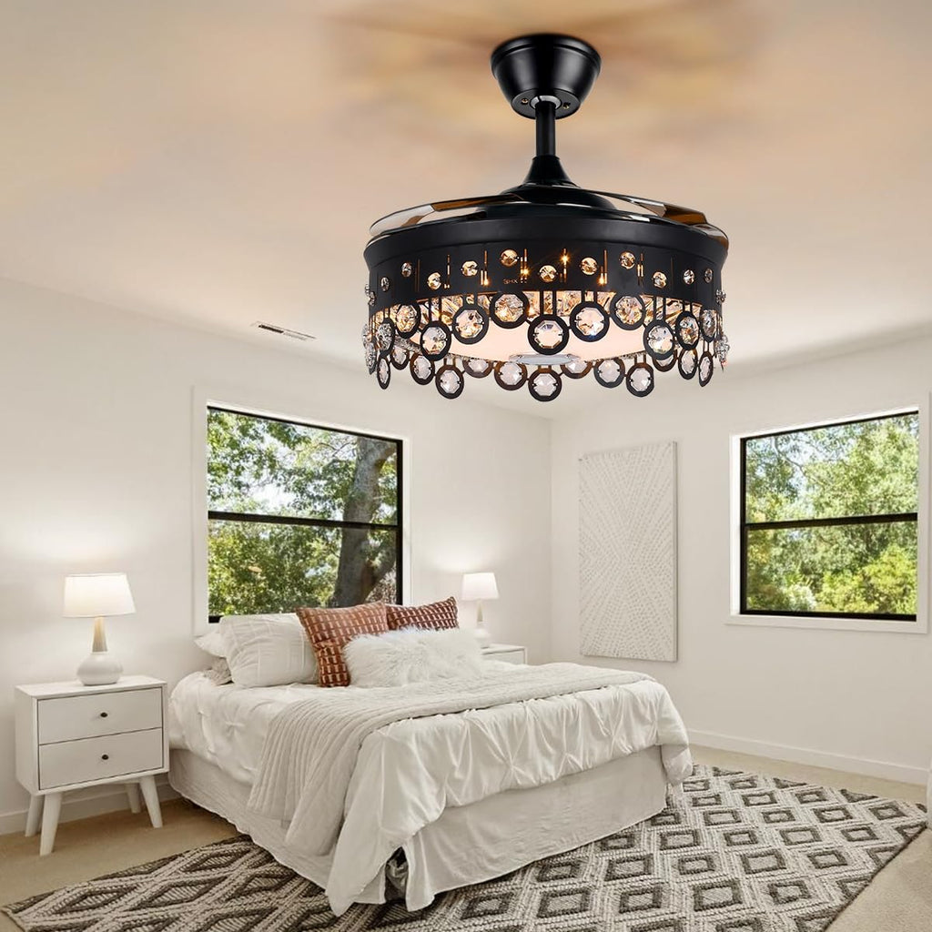 A Million Crystal Ceiling Fan with Lights Smart Bluetooth Music Player, 42 Inch LED Dimmable Remote Control Retractable Invisible Blades Indoor Ceiling Fan for Living Room Black