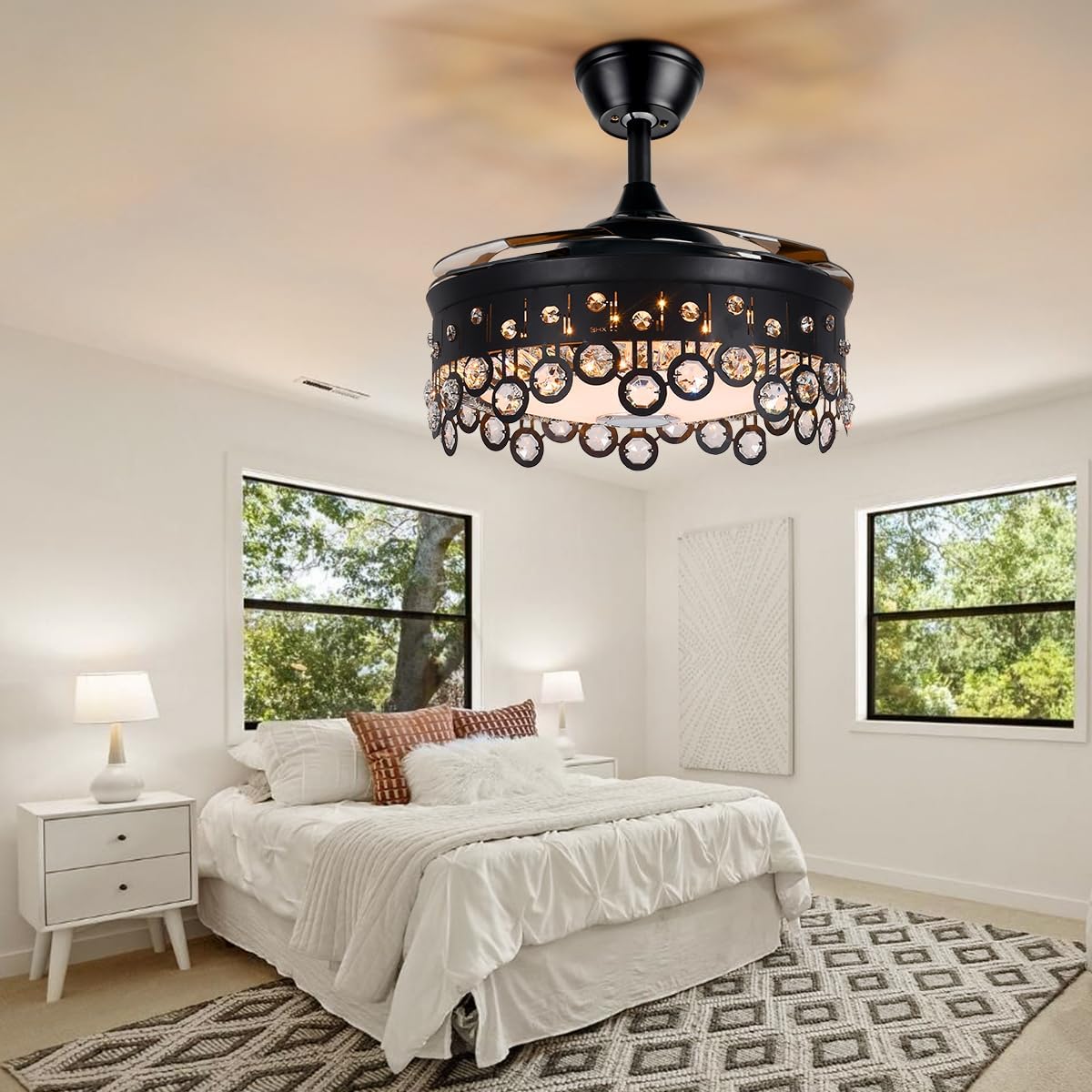 A Million Crystal Ceiling Fan with Lights Smart Bluetooth Music Player, 42 Inch LED Dimmable Remote Control Retractable Invisible Blades Indoor Ceiling Fan for Living Room Black
