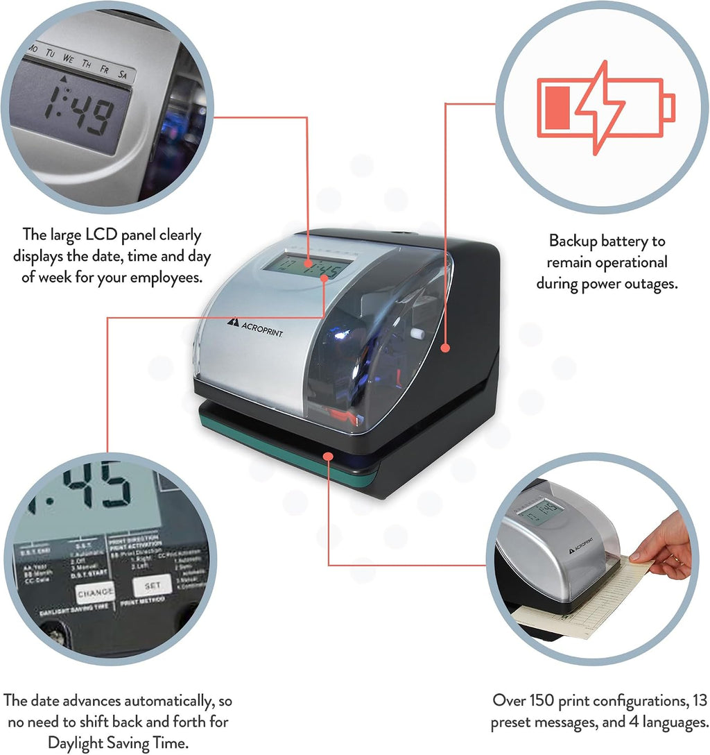 Acroprint Electronic Time Clock Machine – Time Stamp Machine for Employees, Ideal for Small Business, Accommodates Right or Left-Hand Time Cards, Selectable Hour Format