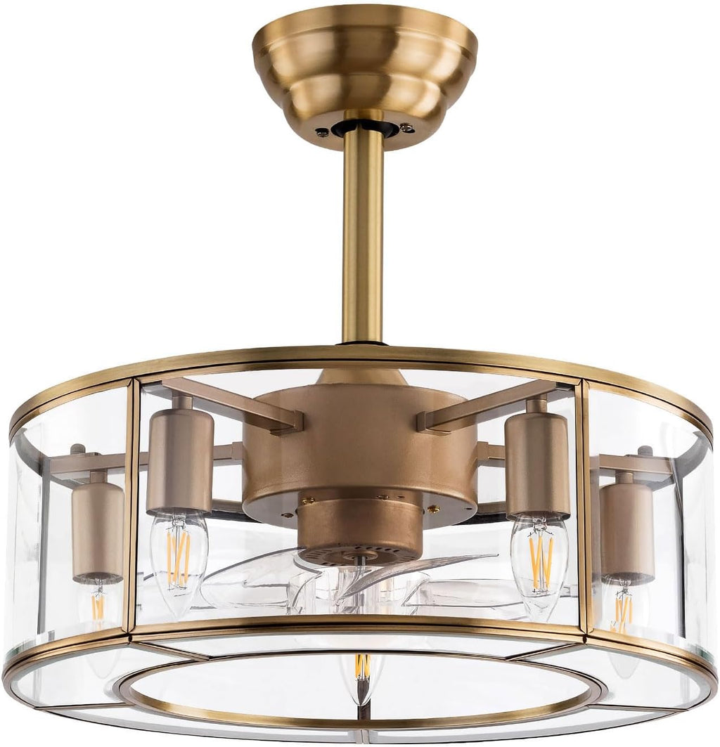 18' Ceiling Fans with Lights, Modern Caged Farmhouse Fandelier with Controller Control, 7 Blades 6-Speed, Reversible Ceiling Fan Light Fixture for Area 107-161ft², Kitchen Bedroom Office Gold E26*5