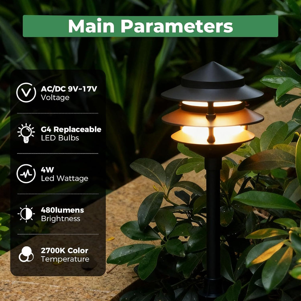 Gardencoin Pagoda Low Voltage Landscape Pathway Lights, 12V Outdoor LED Path Lights Wired, Aluminum Walkway Lighting with 4W 2700K Replaceable G4 Bulb, Classic 3-Tier Lantern, 12 Pack