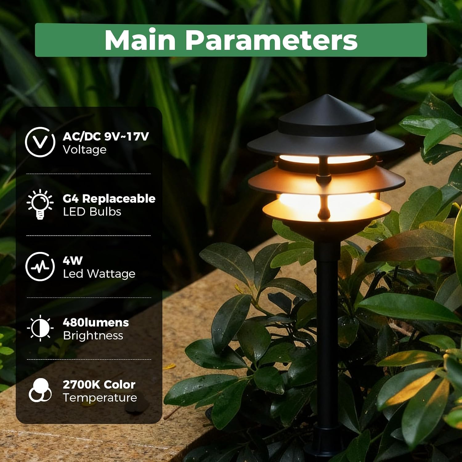 Gardencoin Pagoda Low Voltage Landscape Pathway Lights, 12V Outdoor LED Path Lights Wired, Aluminum Walkway Lighting with 4W 2700K Replaceable G4 Bulb, Classic 3-Tier Lantern, 12 Pack