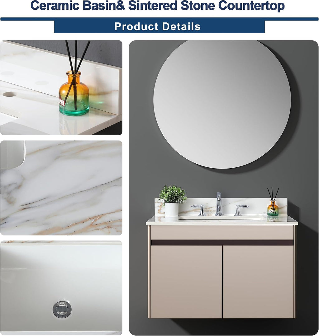 Montary 31'x 22' Bathroom Vanity Sink Top with Rectangular Undermount Ceramic Sink & Backsplash, 3 Pre-Drilled Holes Vanity Top with Safety Overflow Hole