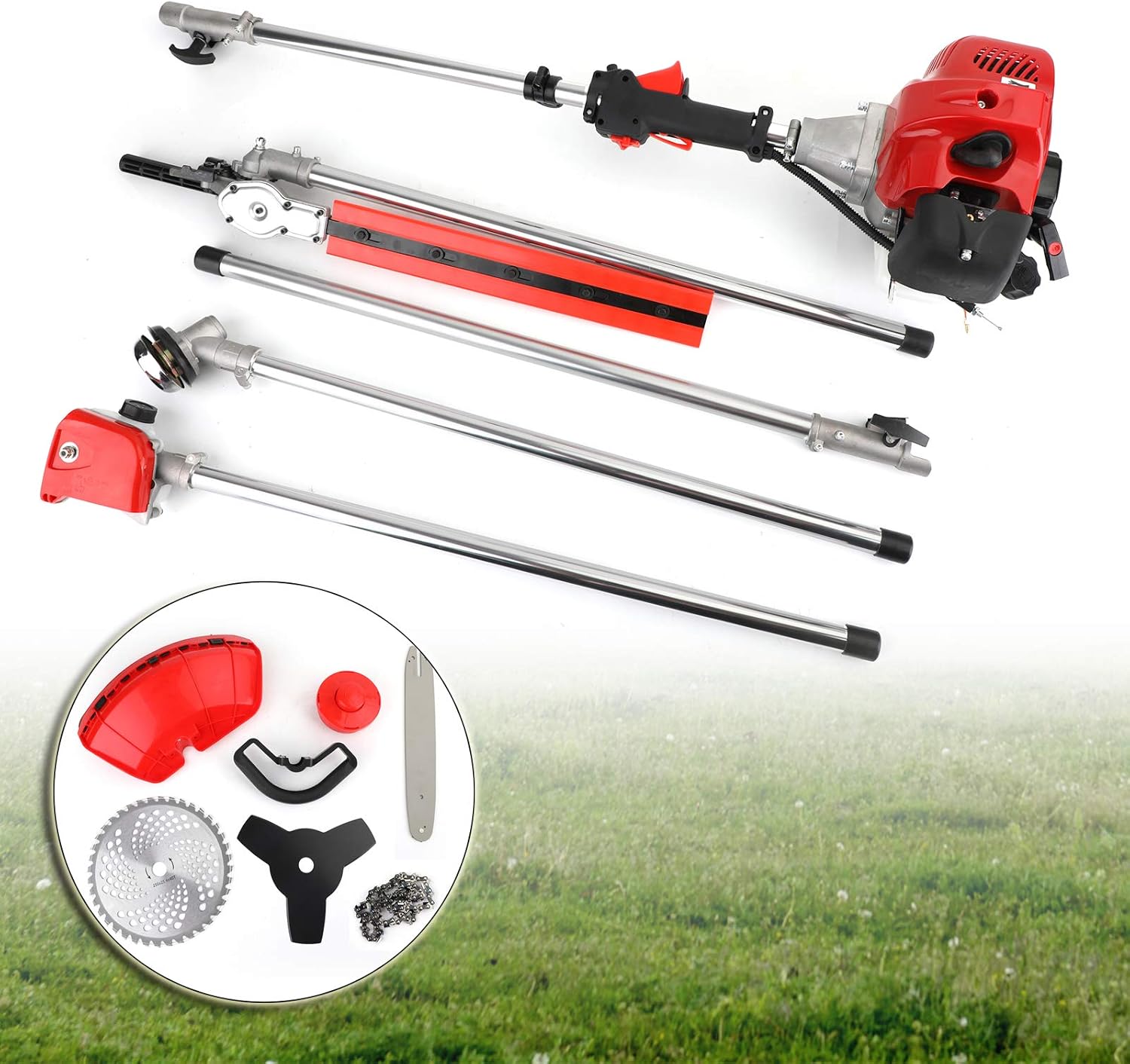Topteng 5-in-1 52cc 2 Stroke Gas Powered Multi Tool Set with Brush Cutter, Grass Trimmer, Chainsaw, Hedge Trimmer & Pole Saw Cordless - Outdoor Garden Tools for Lawn, Bush & Tree Maintenance