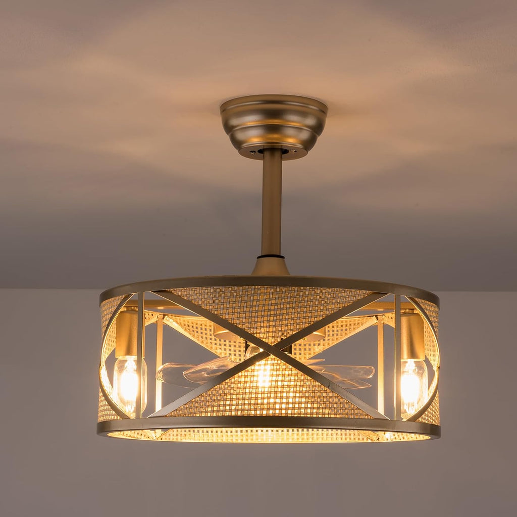 LOYALHEARTDY Gold Fandelier 18in 6-Speed Enclosed Caged Ceiling Fan With Lights Remote Control Antique Boho Rattan Light Downrod Mount, URF4I86GRFI8W