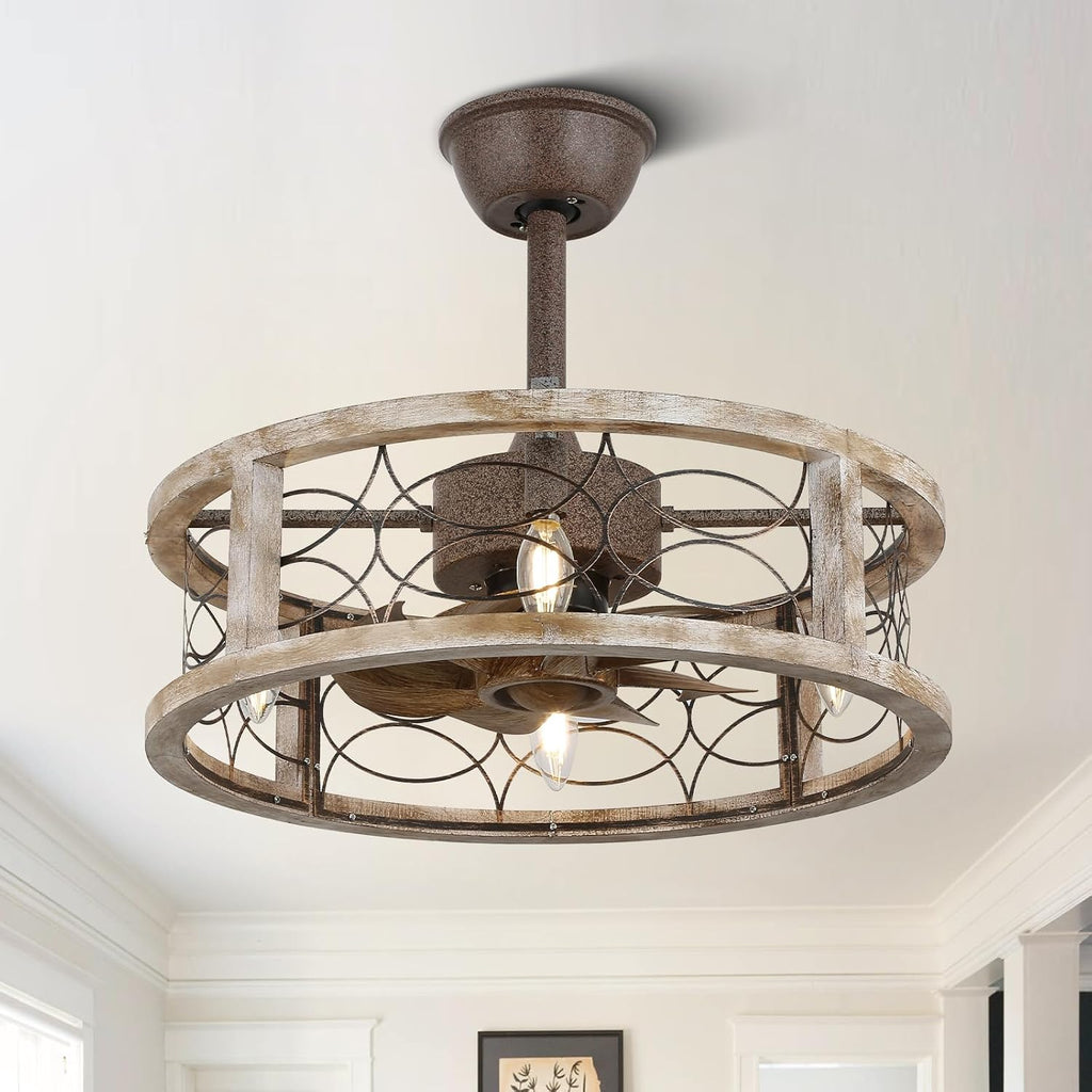 Caged Ceiling Fans with Lights, 18 Inch Farmhouse Ceiling Fans with Lights and Remote, Rustic Industrial Fandelier Ceiling Fan Enclosed for Bedroom