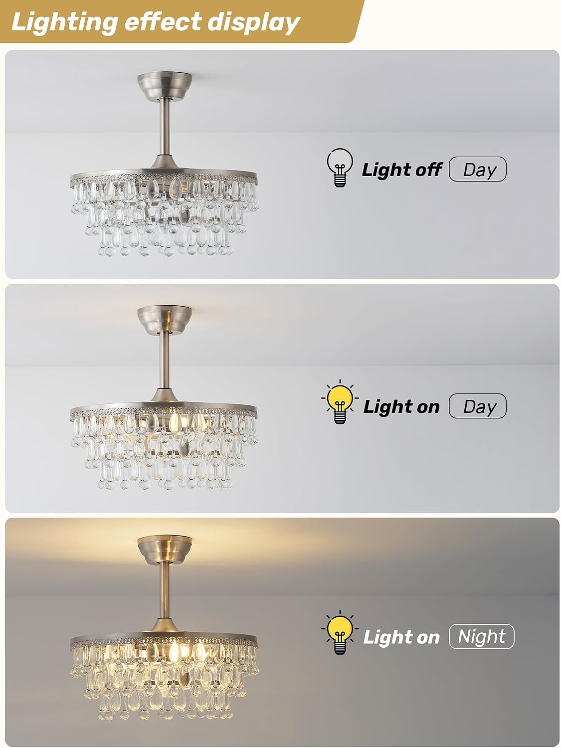 Silver Crystal Fandelier Ceiling Fan with Light, 20' Crystal Chandelier Ceiling Fans with Lights and Remote with 6 Speeds Caged for Bedroom, Living Room, Nursery