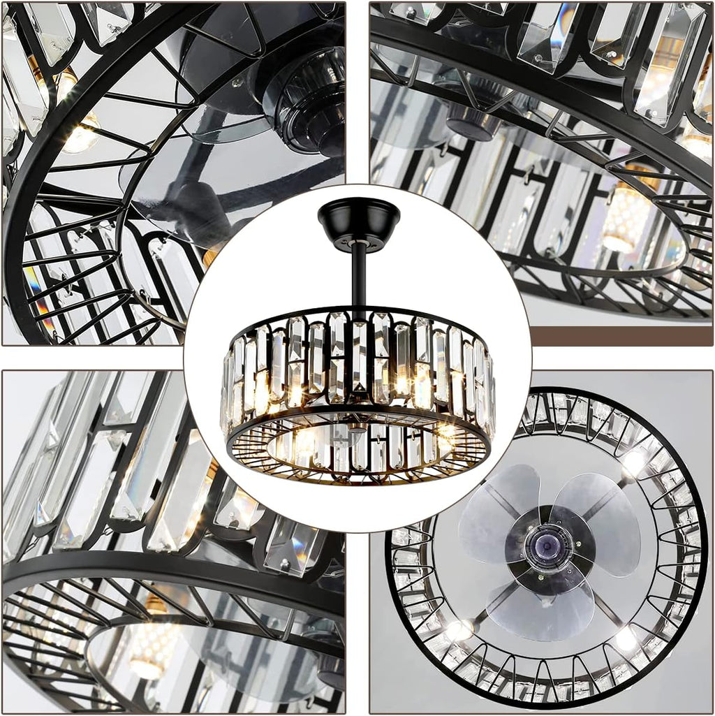 Fandian 18' Industrial Caged Ceiling Fan with Light,Bladeless Fan with 3 Speeds, Farmhouse Crystal Fandelier with Remote Control, Vintage Black Crystal Chandelier Fan for Dining Bedroom