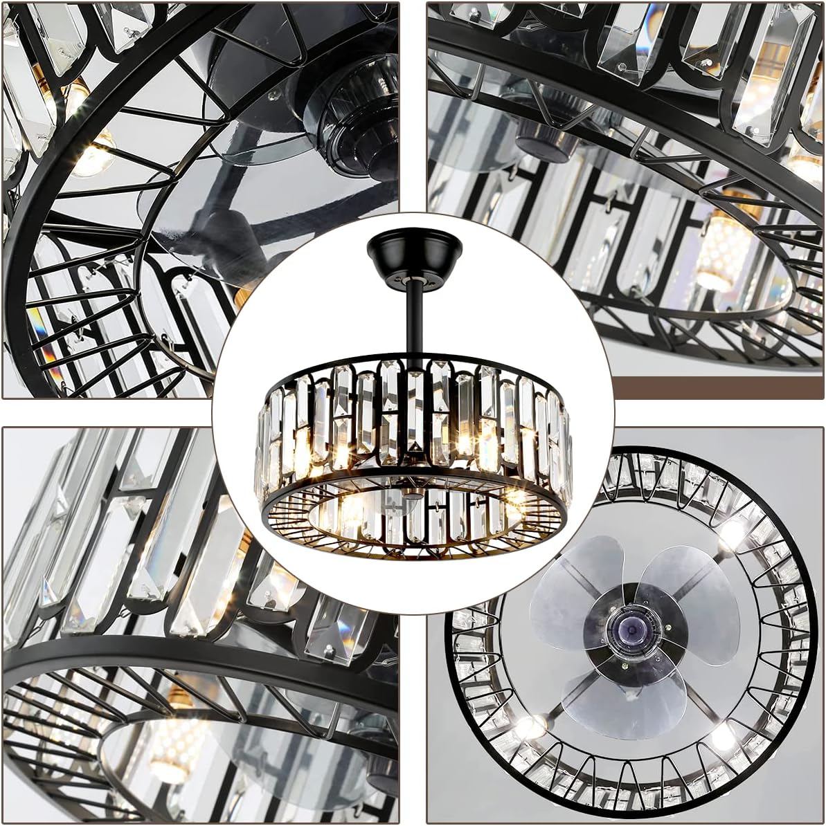 Fandian 18' Industrial Caged Ceiling Fan with Light,Bladeless Fan with 3 Speeds, Farmhouse Crystal Fandelier with Remote Control, Vintage Black Crystal Chandelier Fan for Dining Bedroom