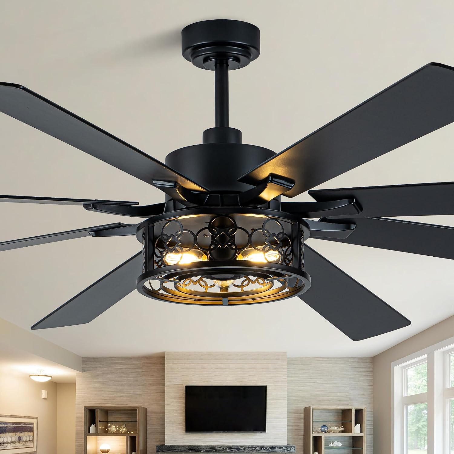 Dawn Whisper 72 Inch Farmhouse Ceiling Fans with Lights Quiet Reversible DC Motor Caged Rustic Ceiling Fans with Remote Industrial Chandelier Fan for Living room Bedroom(Black)