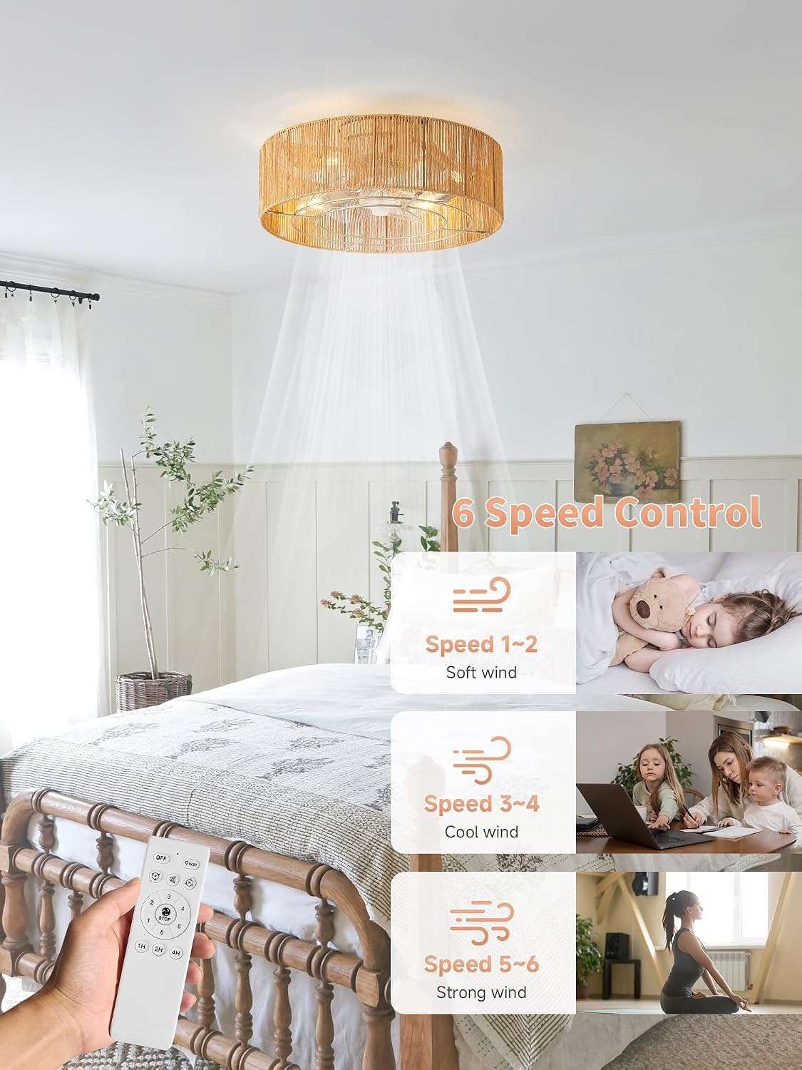 Ceiling Fans with Lights, 20' Boho Ceiling Fan with Light Flush Mount, Rattan Low rofile with 6 Speeds, Remote Control for Bedroom, Nursery, Living Room