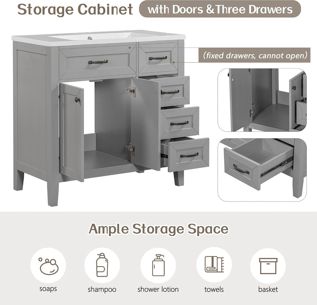 36' Bathroom Vanities Cabinet with Ceramic Sink Top, Two Doors and Three Drawers, Soft-Closing Door, Solid Wood Legs, Gray