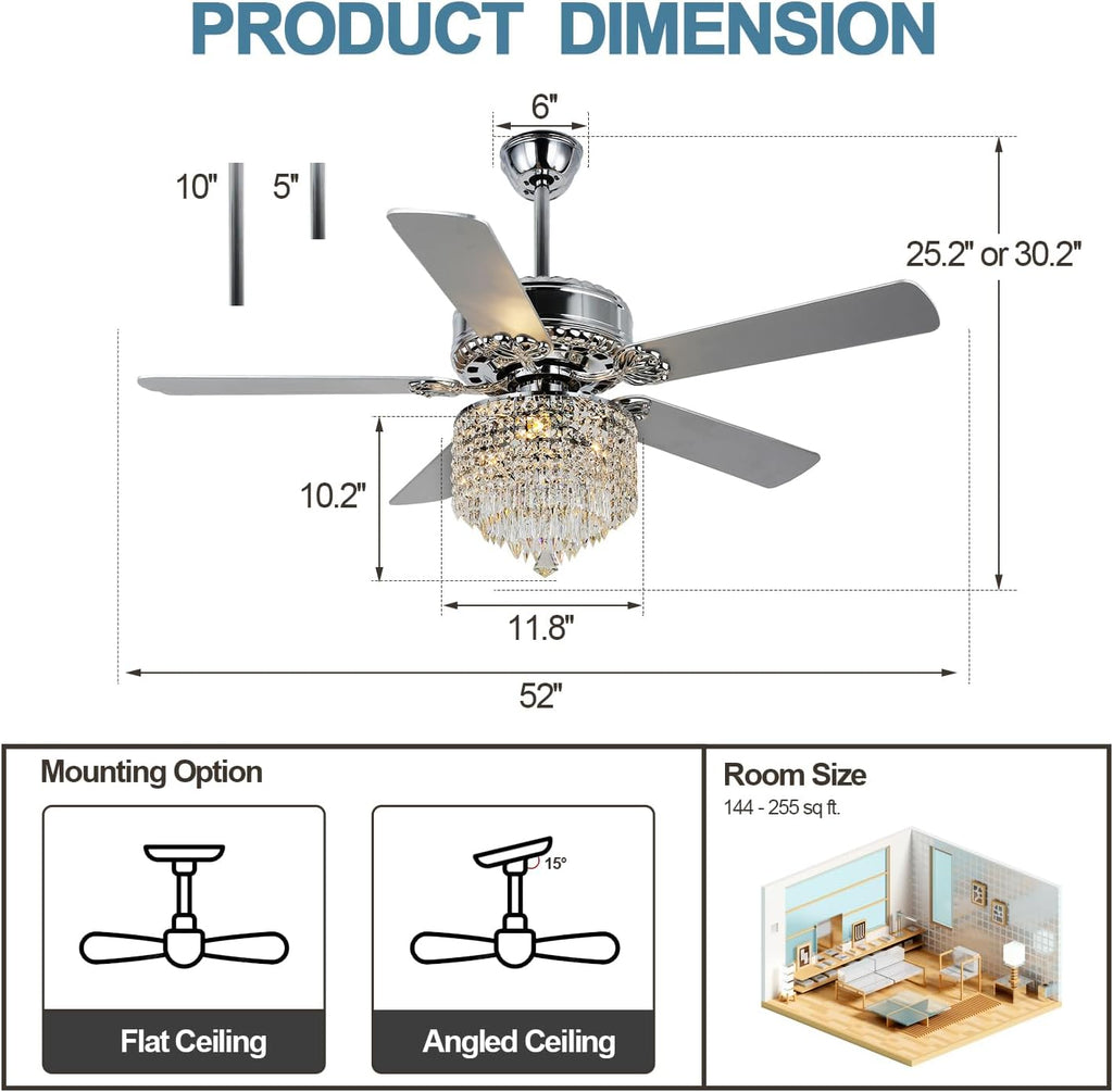 52 Inch Crystal Ceiling Fan with Light and Remote Control, Chrome Modern Chandelier Ceiling Fan Fandelier for Living Room Bedroom