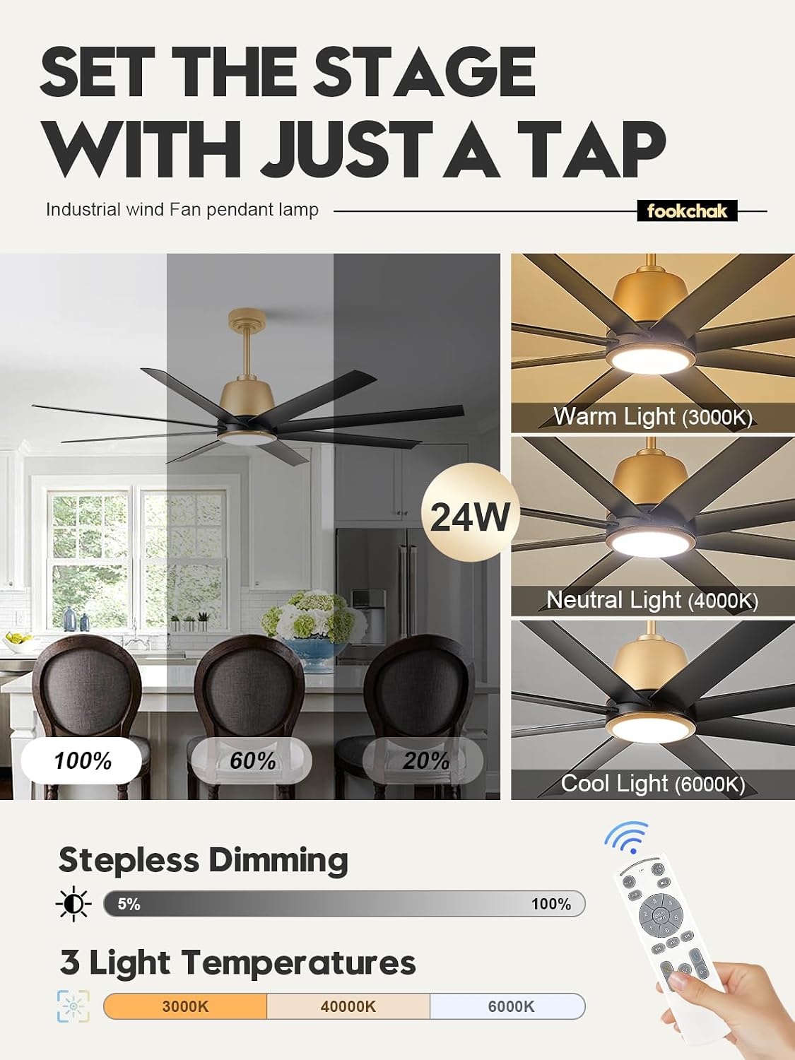 65in Black & Gold Ceiling Fan with Lights 8-Blade Outdoor Ceiling Fan for Patio Ceiling Fan Light with Remote Control, Reversible Airflow Ceiling Fan for Garage Master Bedroom
