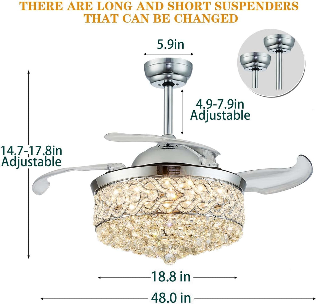 DuMaiWay 48' Chandelier Ceiling Fan, Modern Crystal Fandelier Retractable Invisible Blade LED Lighting with Remote Control for Bedroom Dining Room Living Room 3 Light Change Silver