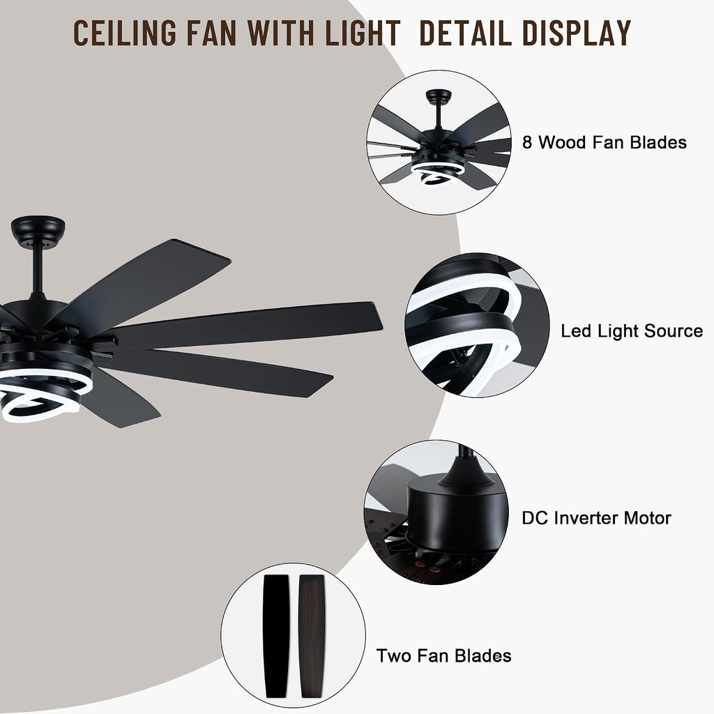 Farmhouse Ceiling Fans with Lights,Chandelier Fan with DIY Rings LED,Fandelier Ceiling Fans with Lights for Living Room/Bedroom (Black-MD-DC7205, 72 Inch)