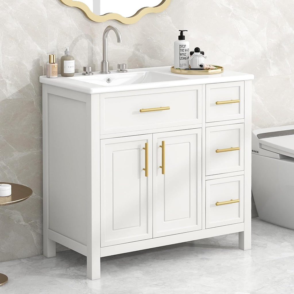 Harper & Bright Designs 36' Bathroom Vanity with Sink, Bathroom Cabinet with Two Doors and Three Drawers, White Undermount Left Side SinkVanity Countertop, Solid Wood Frame