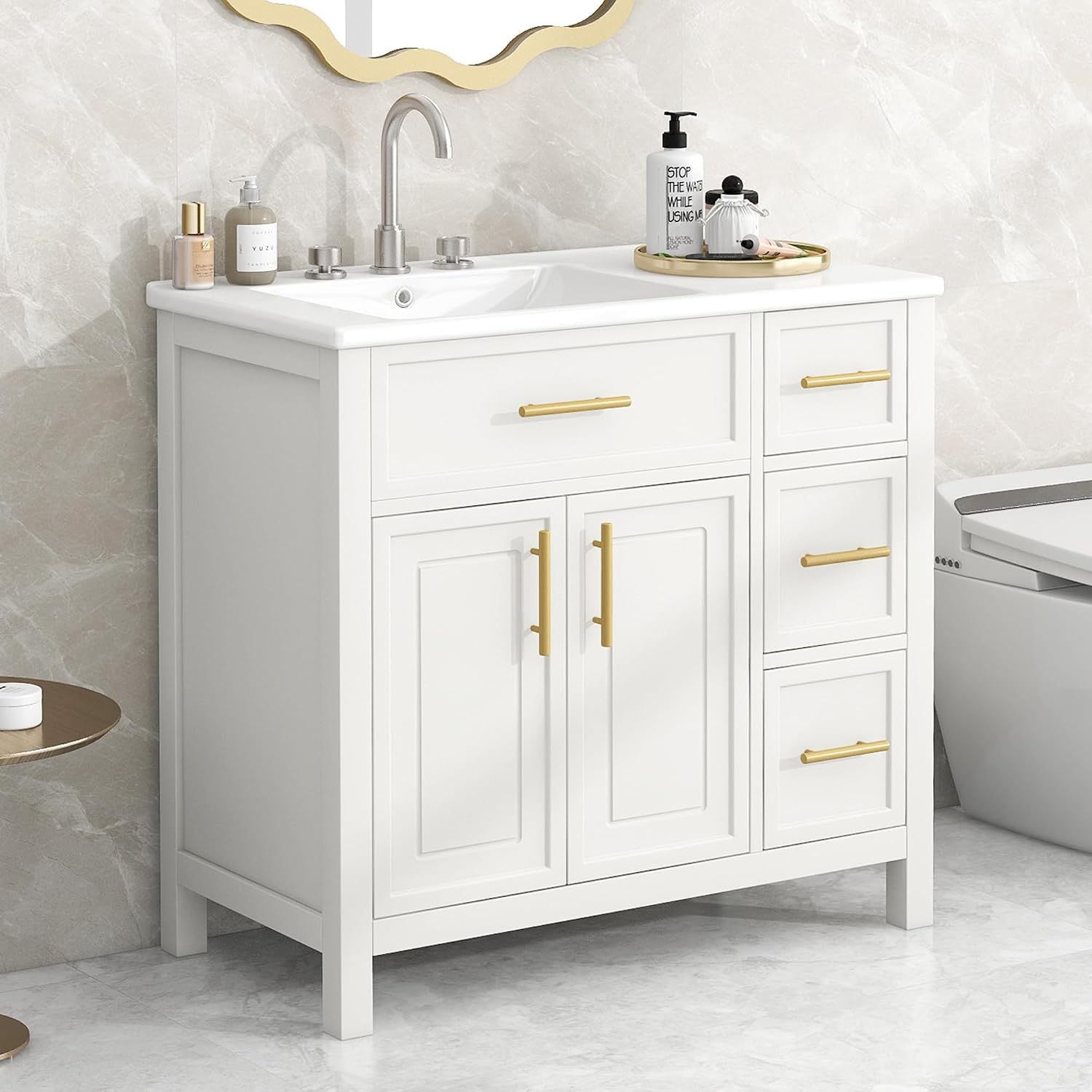 Harper & Bright Designs 36' Bathroom Vanity with Sink, Bathroom Cabinet with Two Doors and Three Drawers, White Undermount Left Side SinkVanity Countertop, Solid Wood Frame