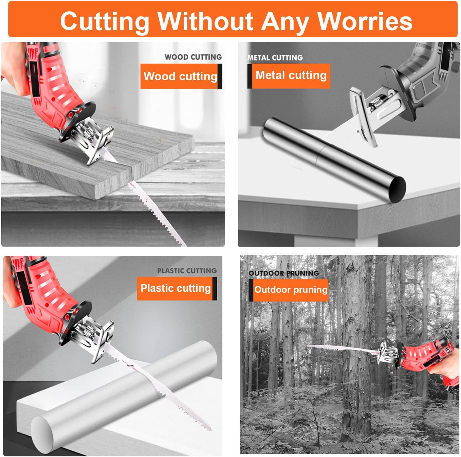 Electric Reciprocating Saw, Cordless Saw with 6replaceable Saw Blades,1pairs Gloves,Handheld,Lightweight Body,Led Auxiliary Lighting,for Wood,Metal Cutting&Meat Bone,2batteries