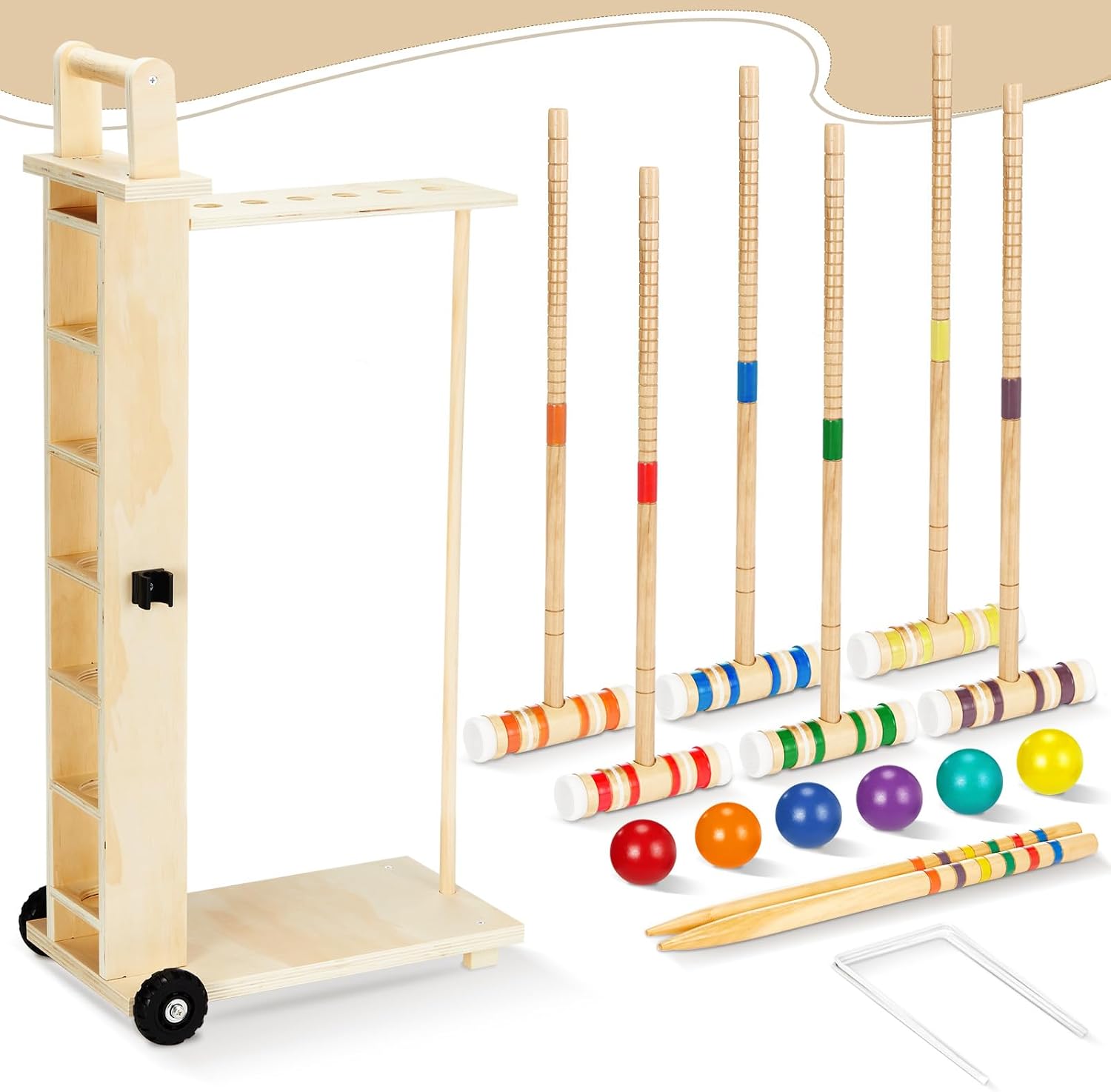 Hiboom 6 Player Croquet Set for Adults with Wooden Stand, Rubber Wooden Mallets, Colored Balls and Steel Wicket for Family & Friends, Great for Outdoor Lawn, Backyard Park